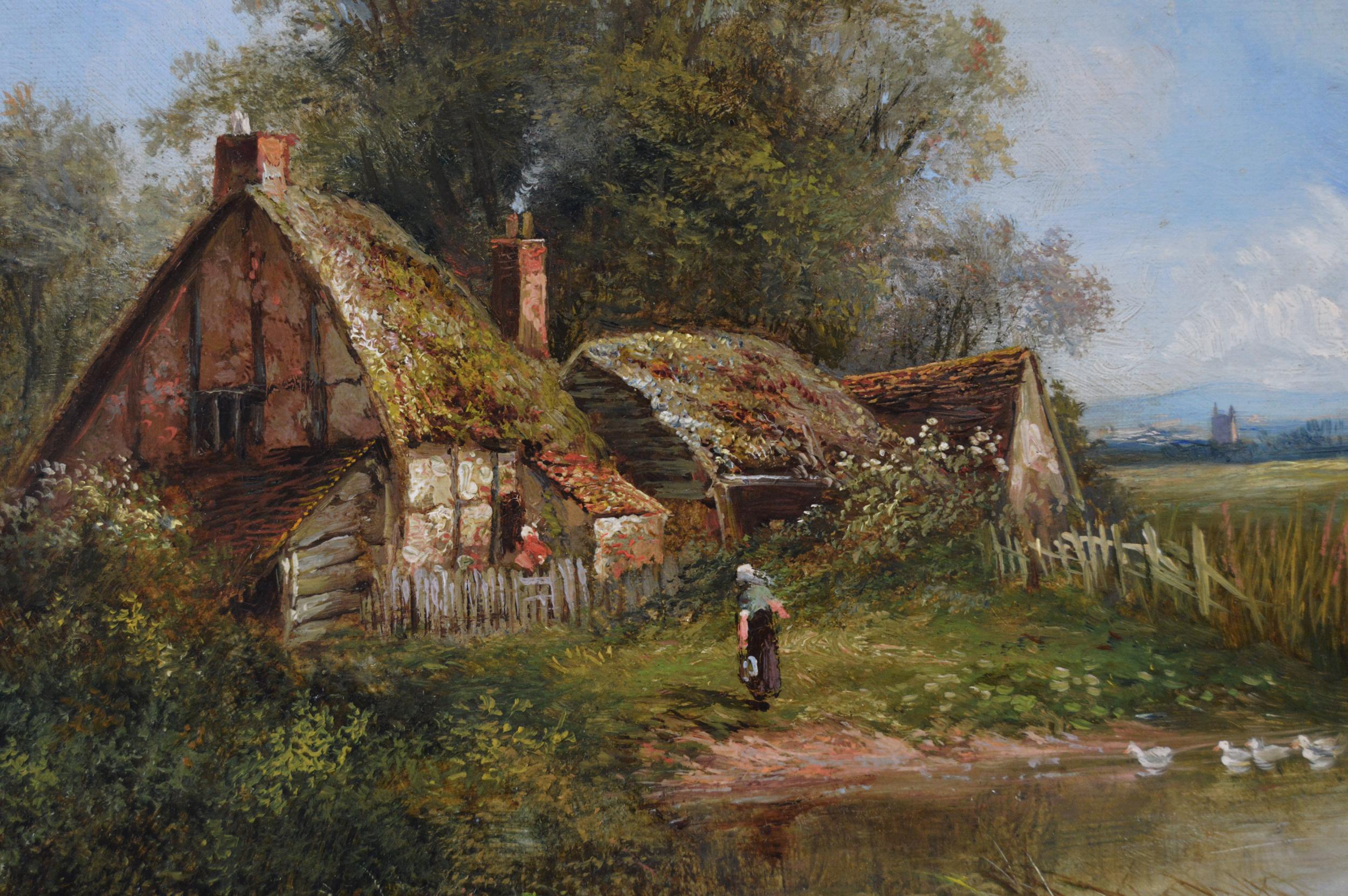 Peinture à l'huile du 19e siècle représentant un étang de canards par un chalet - Marron Landscape Painting par Joseph Thors