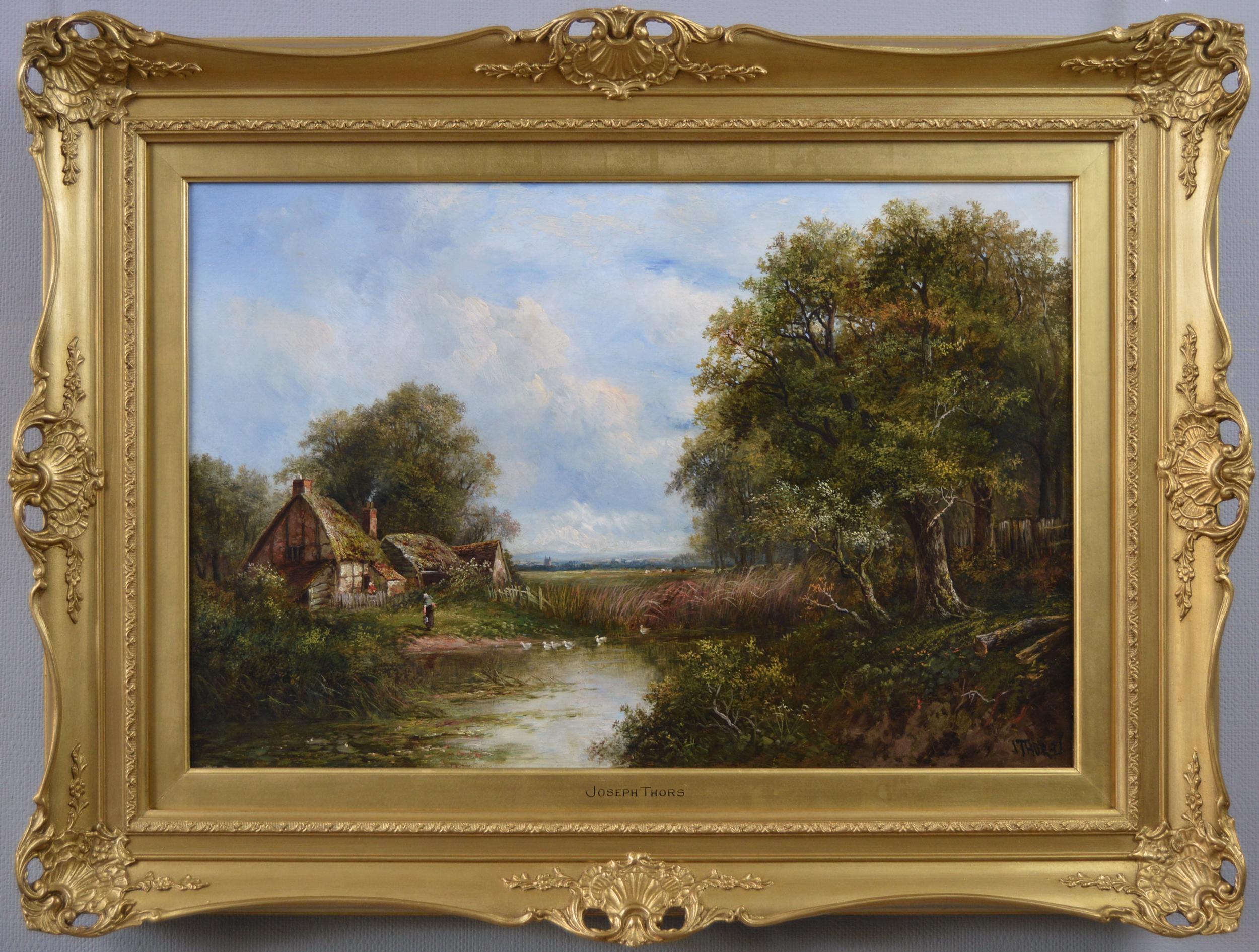 Landscape Painting Joseph Thors - Peinture à l'huile du 19e siècle représentant un étang de canards par un chalet