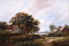 19th Century landscape oil painting of a farm cottage