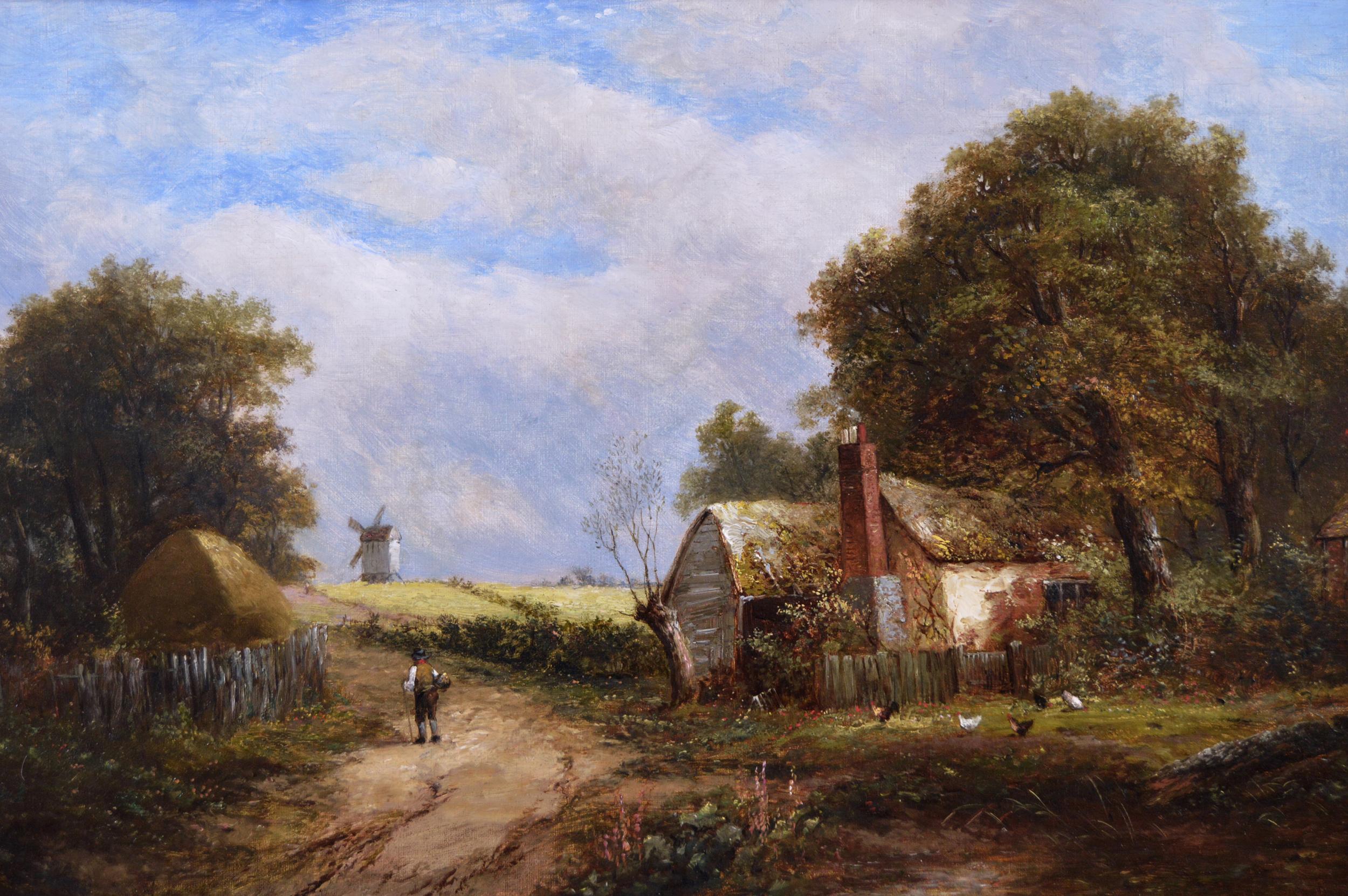 19th Century Landscape Oil Painting Of A Windmill By A Cottage