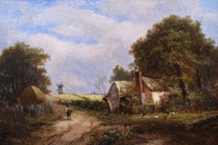19th Century landscape oil painting of a windmill by a cottage