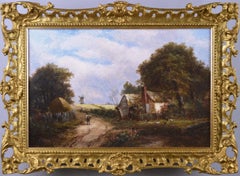 19th Century landscape oil painting of a windmill by a cottage 