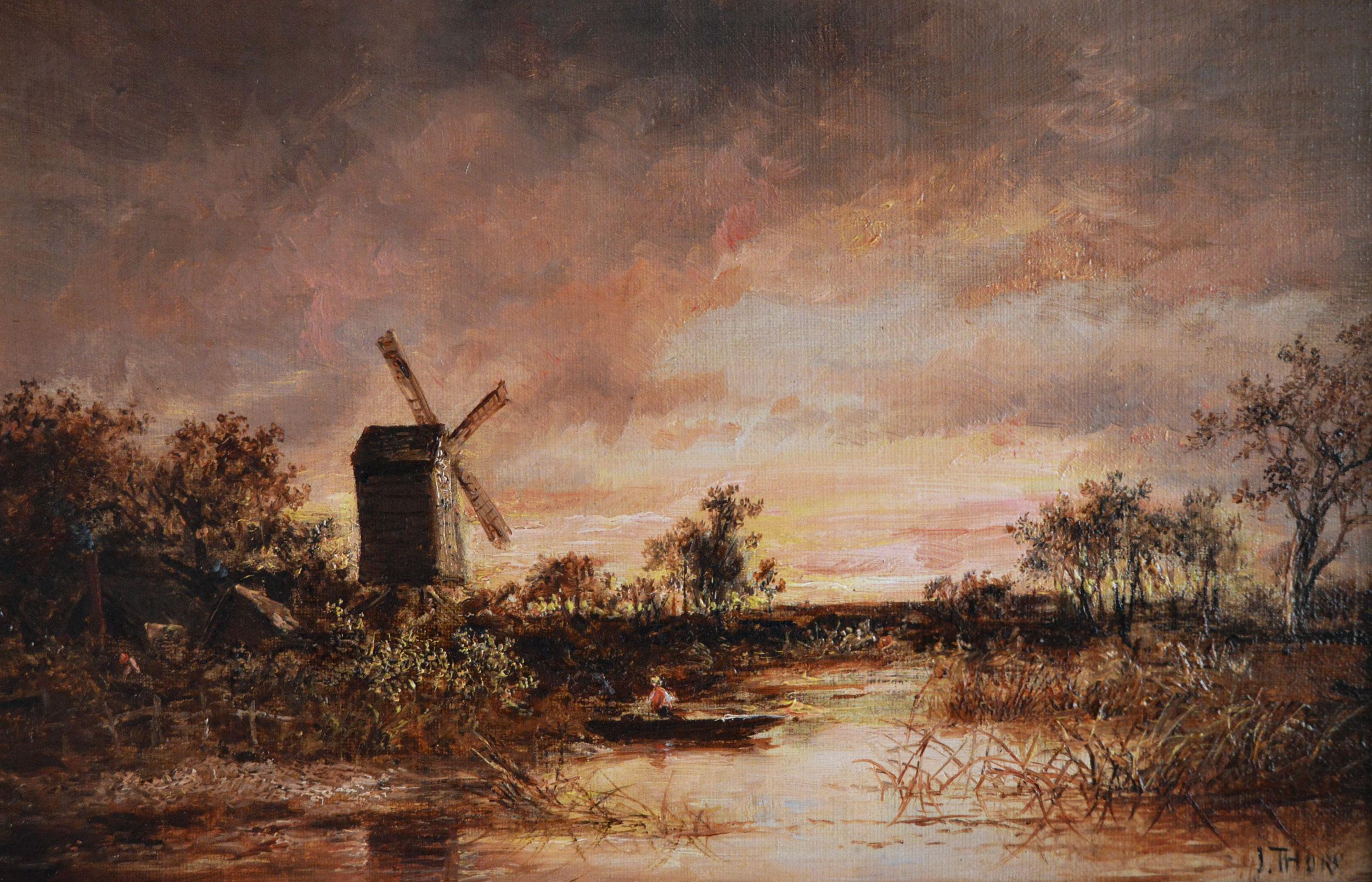 19th Century landscape oil painting of a windmill by a river  - Painting by Joseph Thors