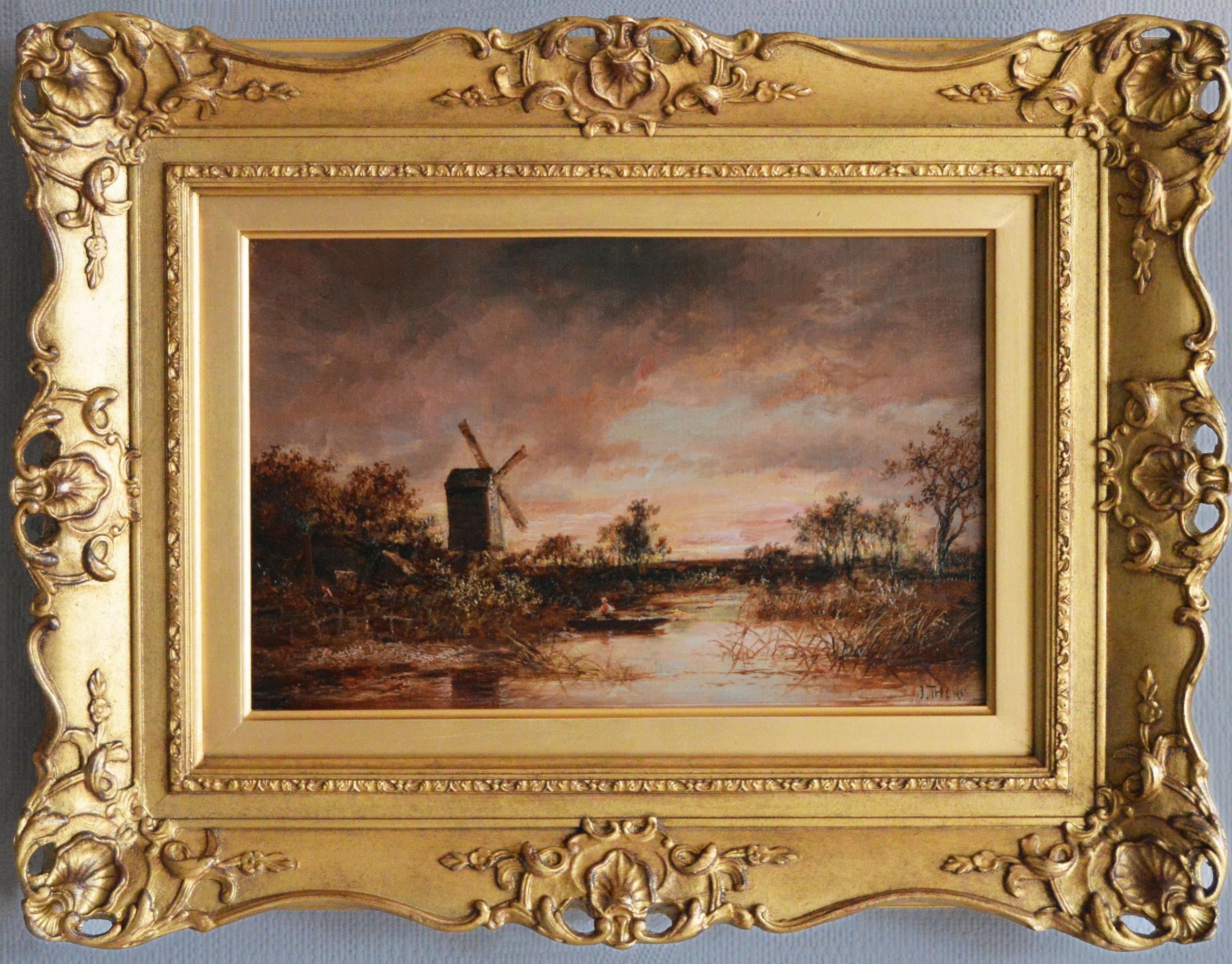 Joseph Thors Landscape Painting - 19th Century landscape oil painting of a windmill by a river 