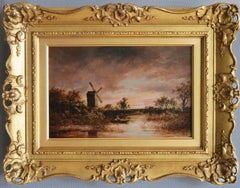 19th Century landscape oil painting of a windmill by a river 