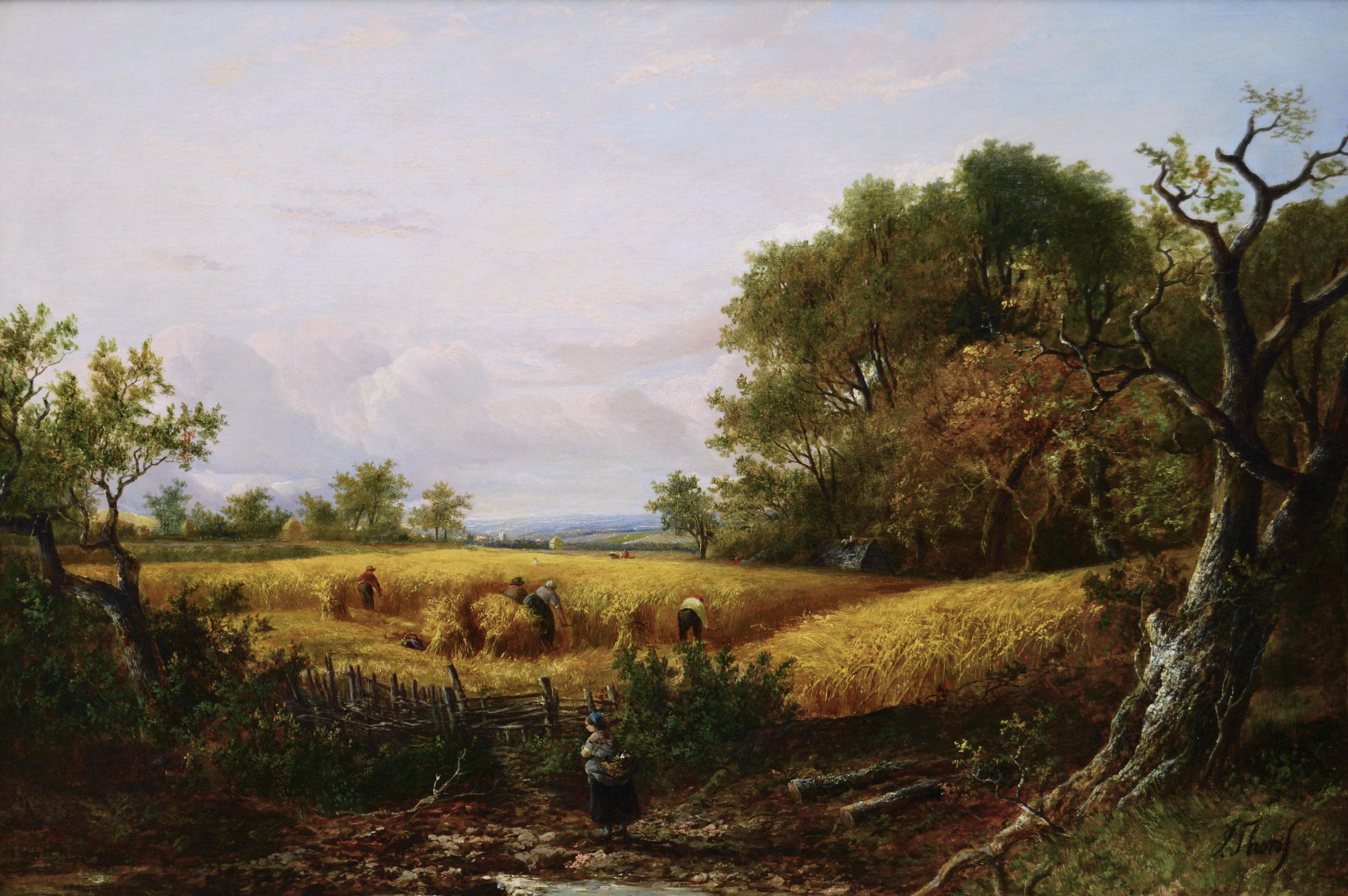 19th Century landscape oil painting of figures harvesting - Painting by Joseph Thors