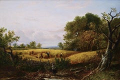 Paesaggio del XIX secolo dipinto a olio con figure che raccolgono