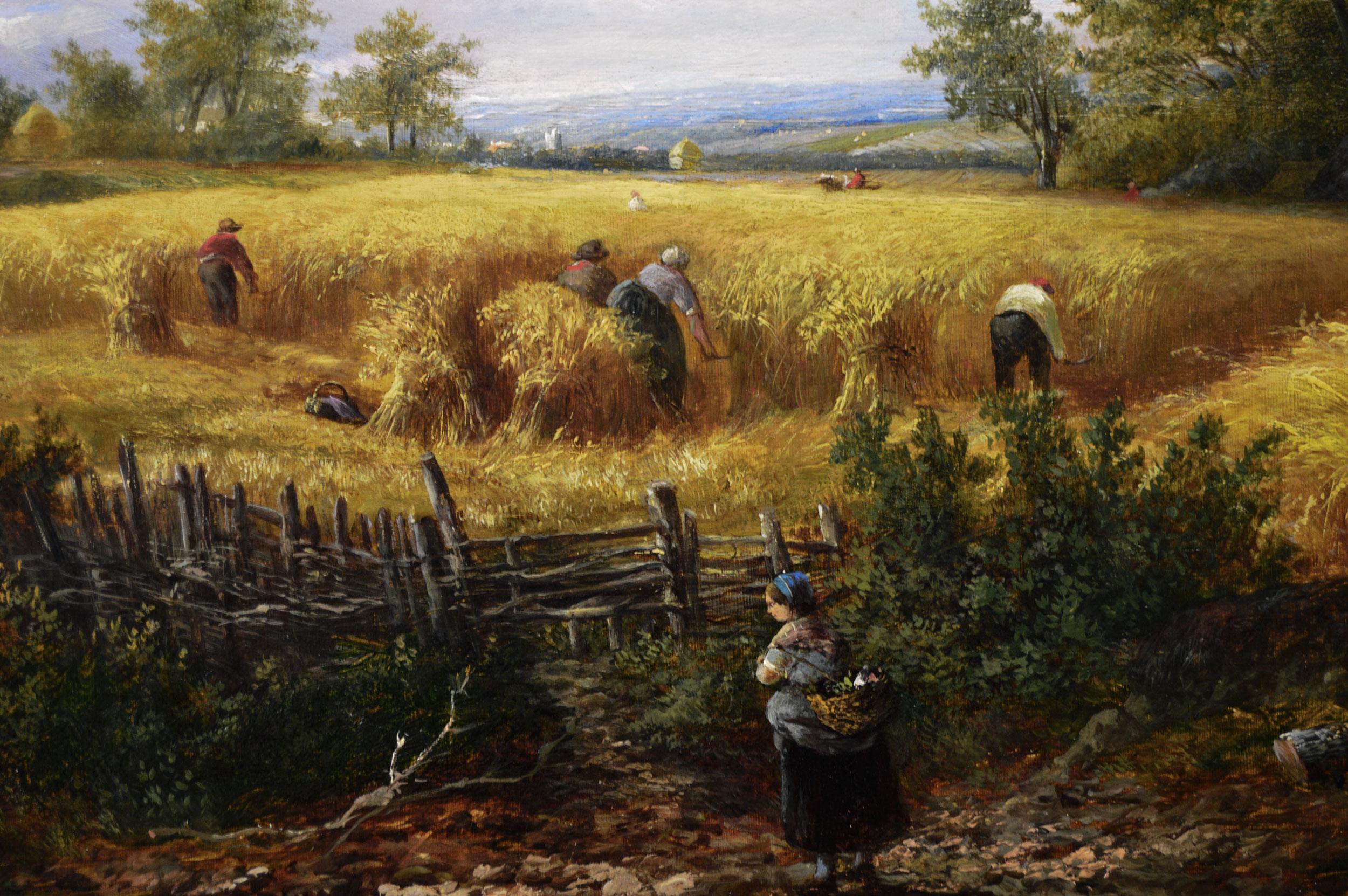 19th Century landscape oil painting of figures harvesting - Victorian Painting by Joseph Thors