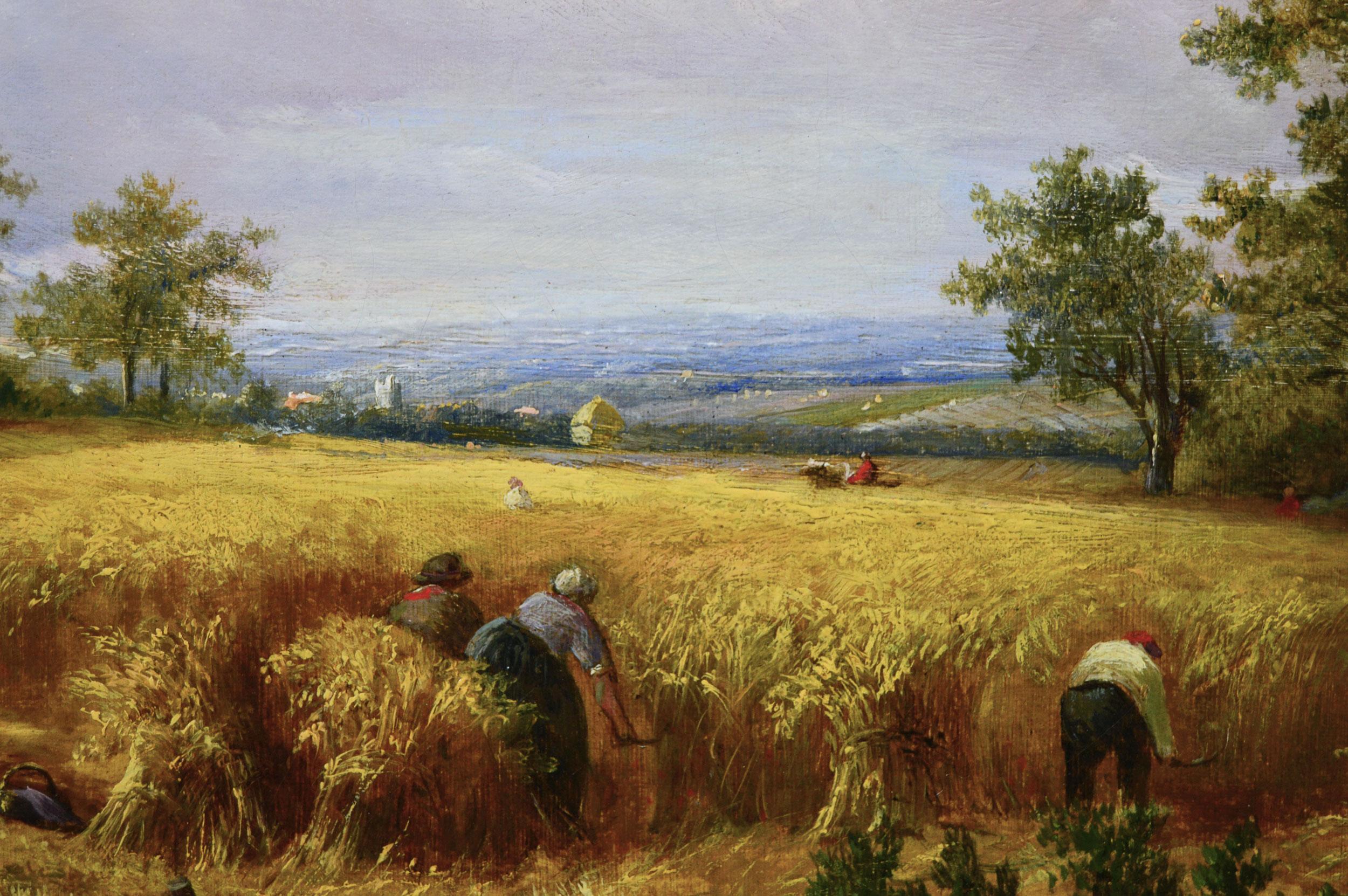 19th Century landscape oil painting of figures harvesting - Brown Landscape Painting by Joseph Thors