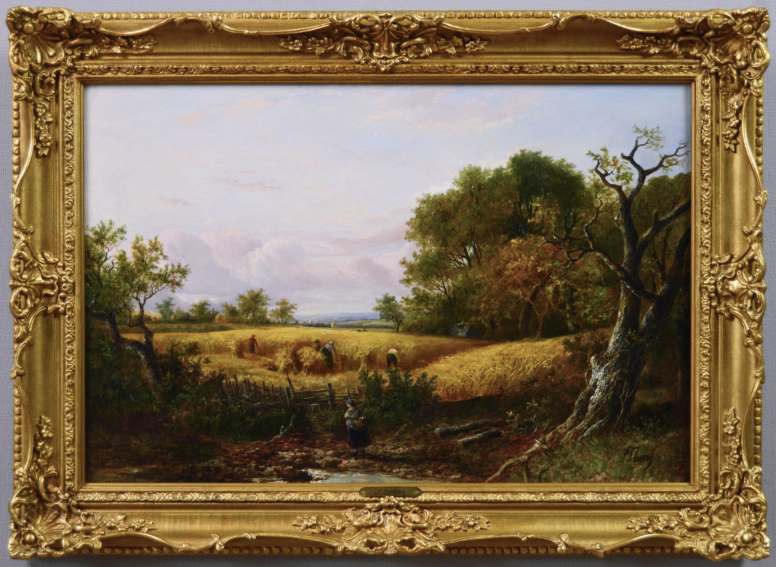 Joseph Thors Landscape Painting - 19th Century landscape oil painting of figures harvesting