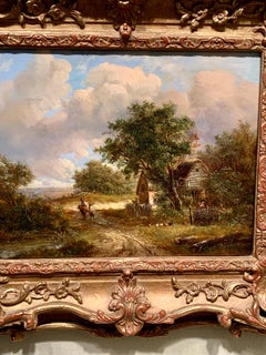 19th century Victorian English Village scene, with sheep, Cottage and river