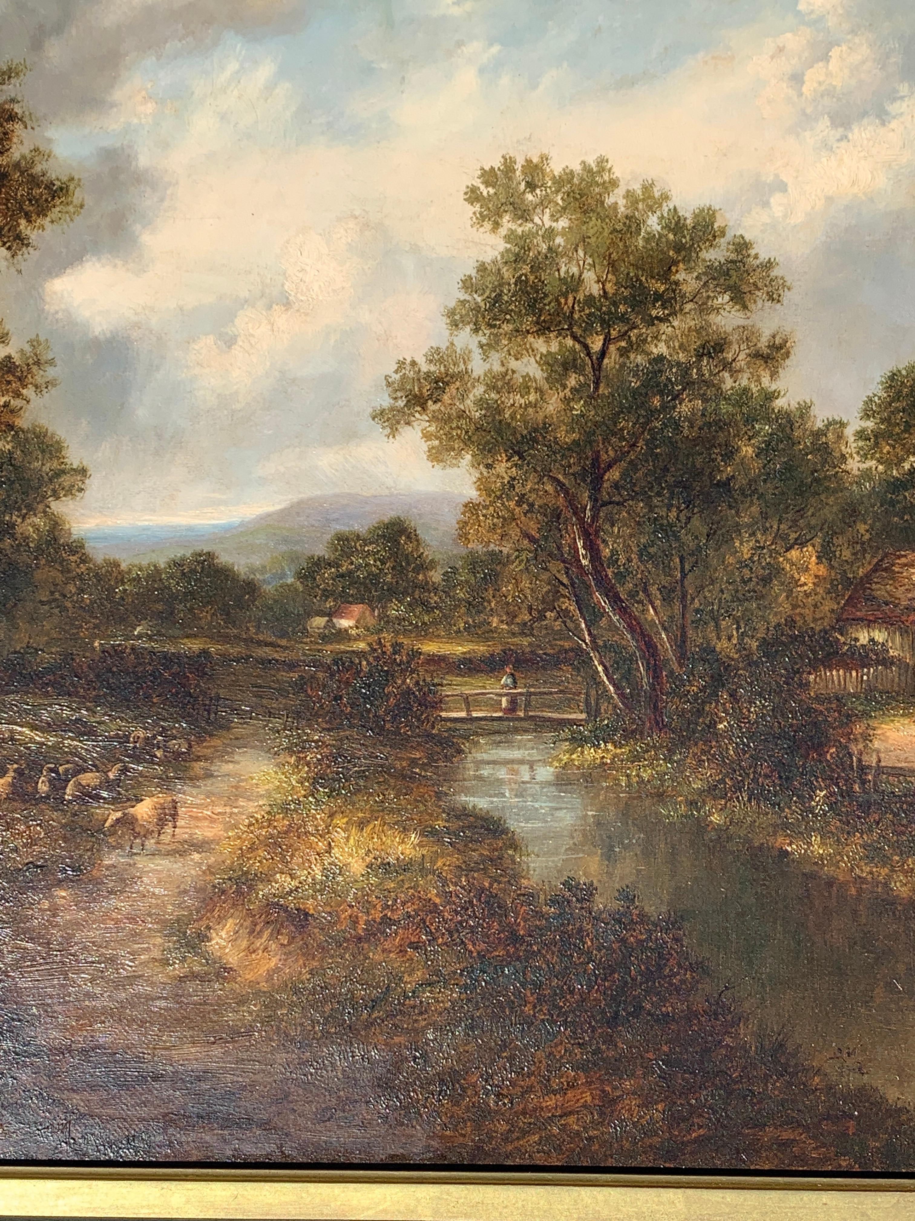 19th century Victorian English Village scene, with sheep, Cottage and river - Brown Landscape Painting by Joseph Thors