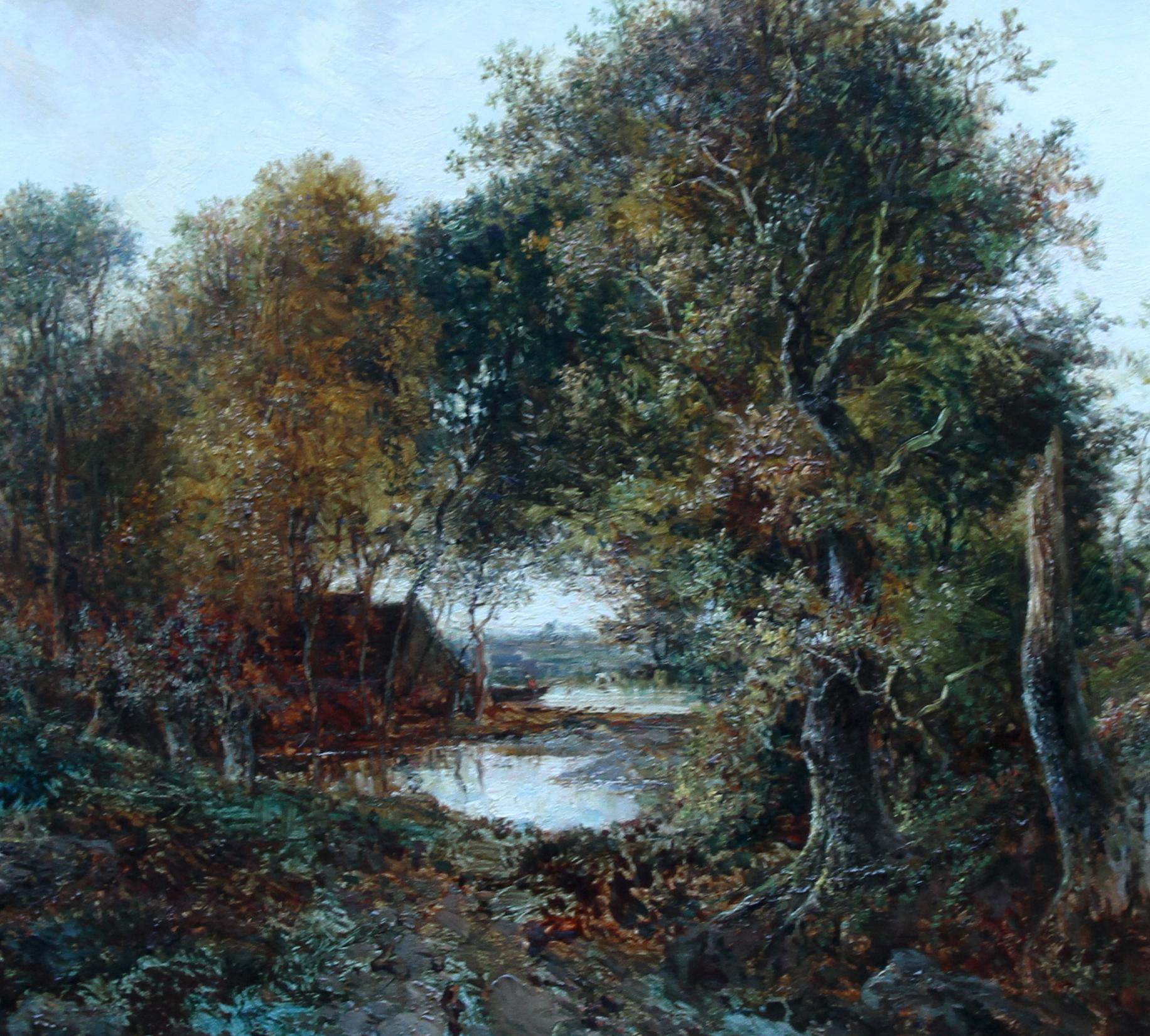 Paysage en bois  - Peinture à l'huile d'un paysage romantique de l'art victorien britannique  - Romantique Painting par Joseph Thors