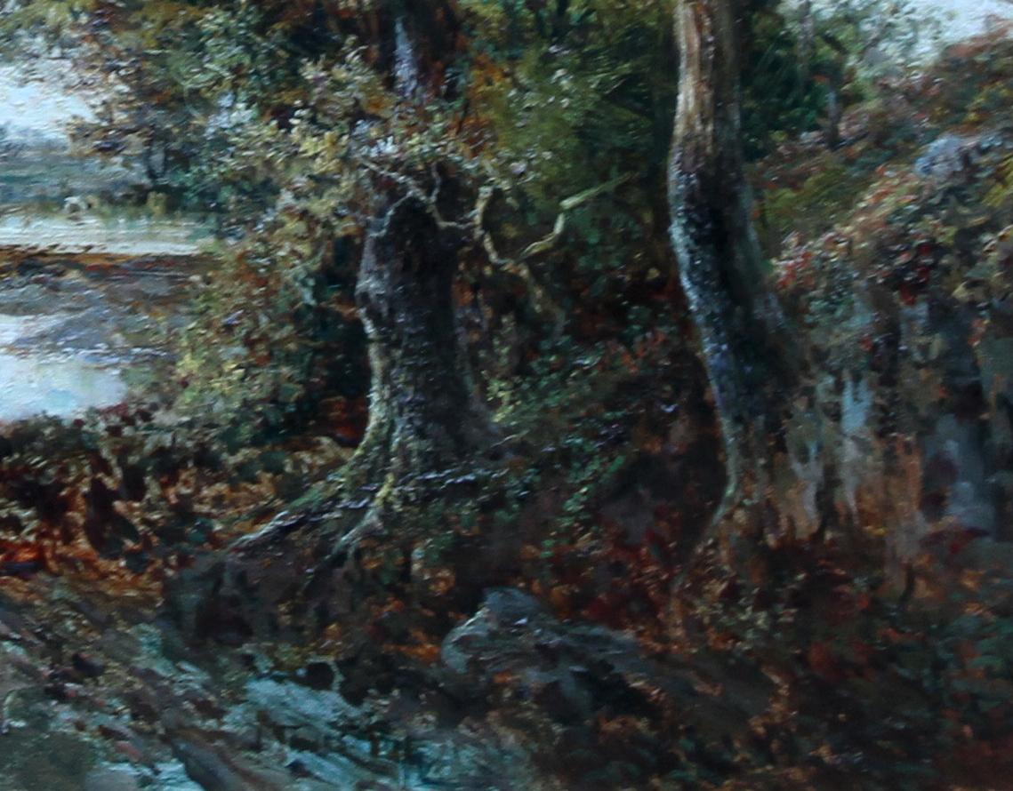 Paysage en bois  - Peinture à l'huile d'un paysage romantique de l'art victorien britannique  en vente 1
