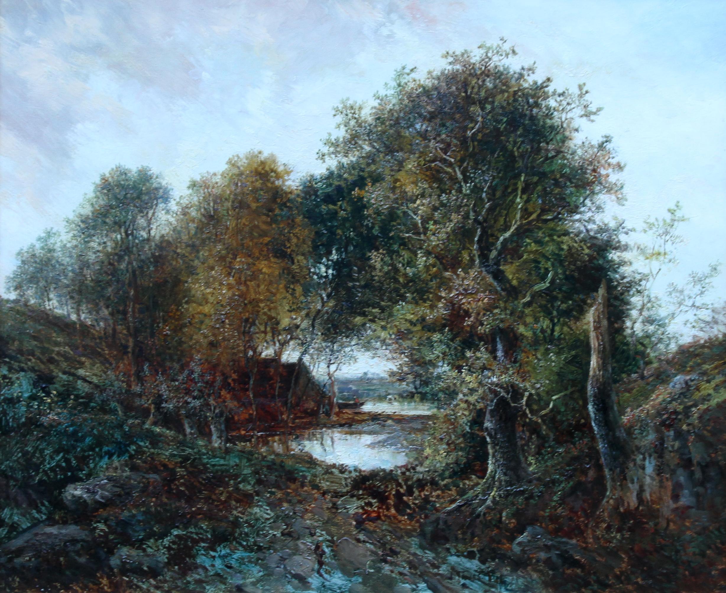 Paysage en bois  - Peinture à l'huile d'un paysage romantique de l'art victorien britannique  en vente 4