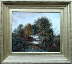 Antique A Wooded Landscape  - British Victorian art romantic landscape oil painting 