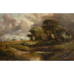 Joseph Thors, Scena rustica con cottage e stagno, pittura a olio