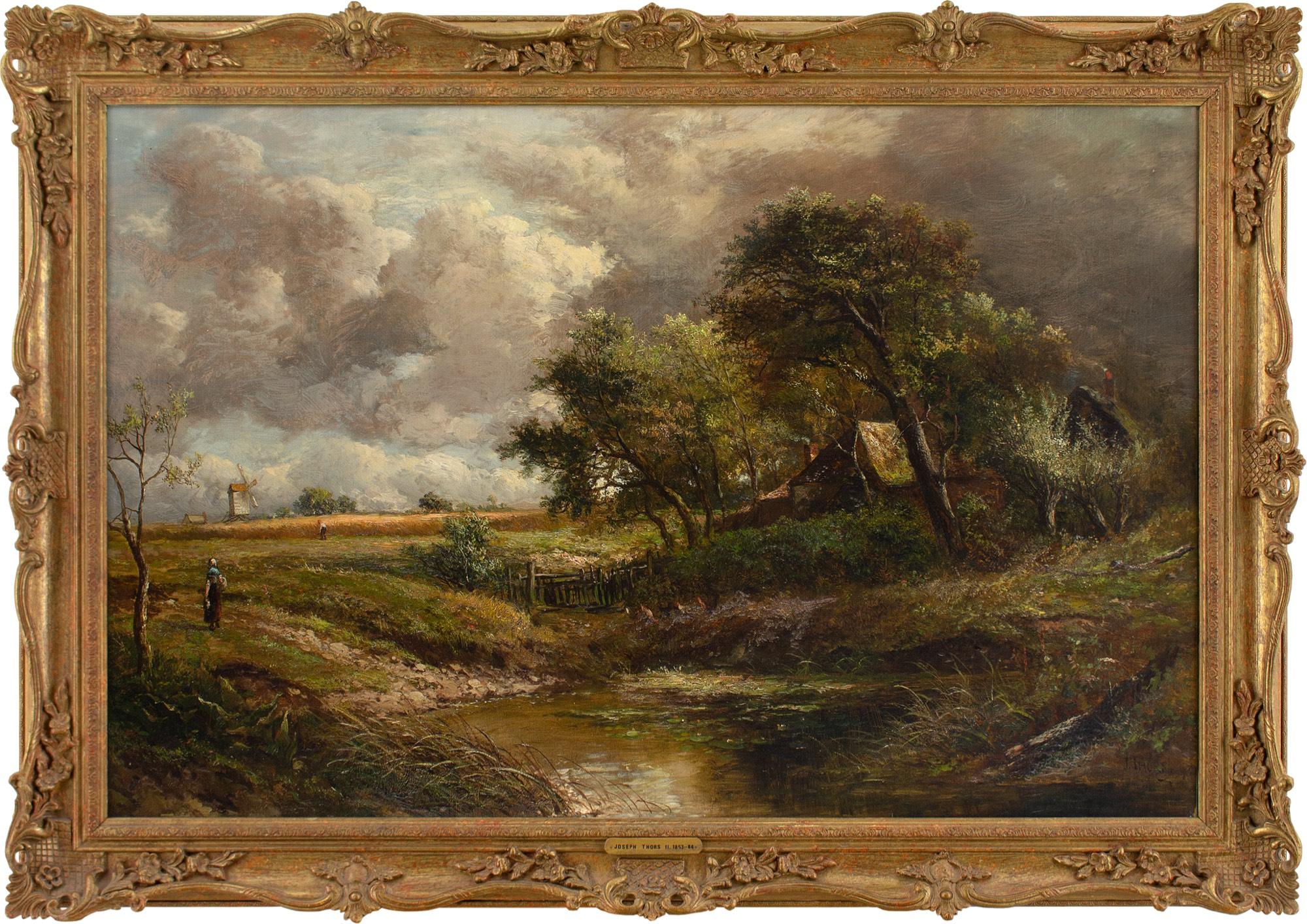 This late 19th-century oil painting by Dutch artist Joseph Thors (1835-1920) depicts a rugged landscape with a cottage, pond and distant windmill.

Tucked away in a battered windswept copse, a rustic cottage is sheltered from the elements. Overhead,