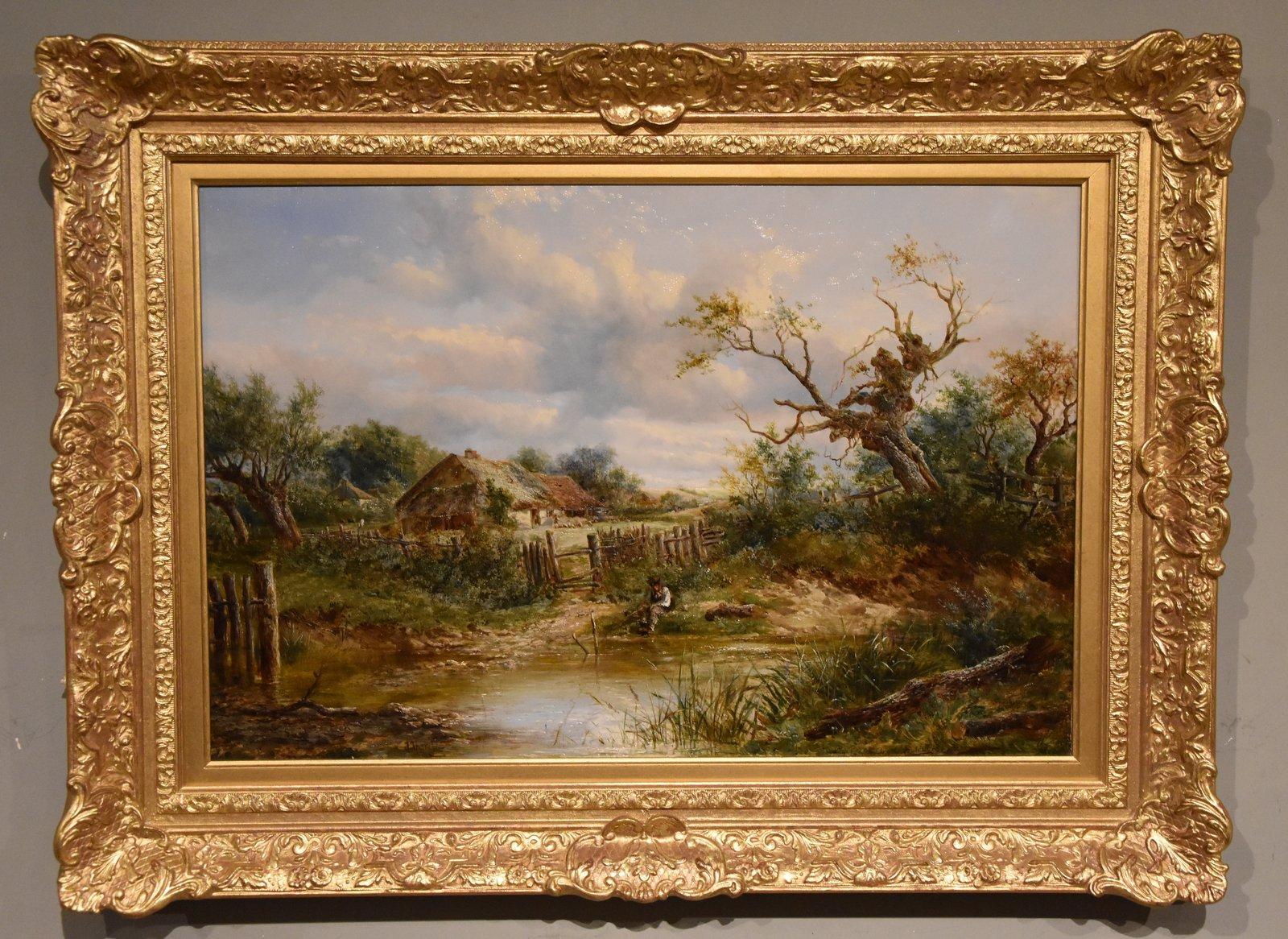 Peinture à l'huile de Joseph Thors "A Quiet Day by The River" 1843 -1907 Peintre populaire de paysages ruraux à la manière de l'école de Norwich. Exposant régulier à la Royal Academy Society et au British Institute. Huile sur toile. Signé et daté