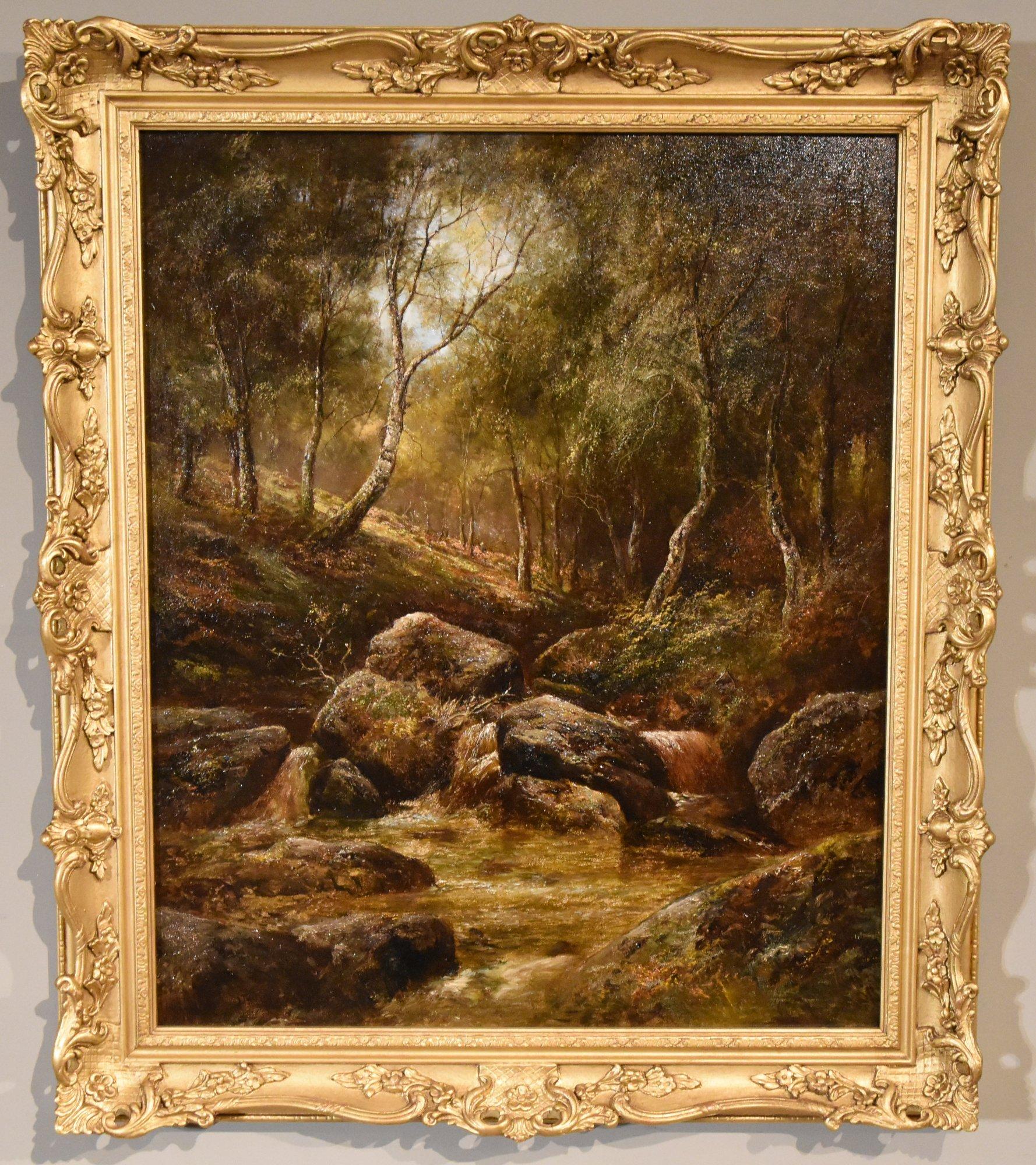 Pittura a olio di Joseph Thors "Il ruscello attraverso il bosco" 1843 - 1907 Popolare pittore di paesaggi rurali alla maniera della Scuola di Norwich. Esposto alla Royal Academy. Olio su tela. Firmato

Dimensioni senza cornice 27 x 22