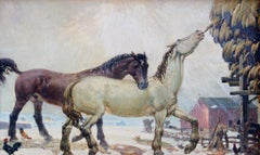 Horses Feeding, American Impressionist Landscape and Equestrian Painting