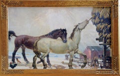 Antique Horses Feeding, American Impressionist Landscape and Equestrian Painting