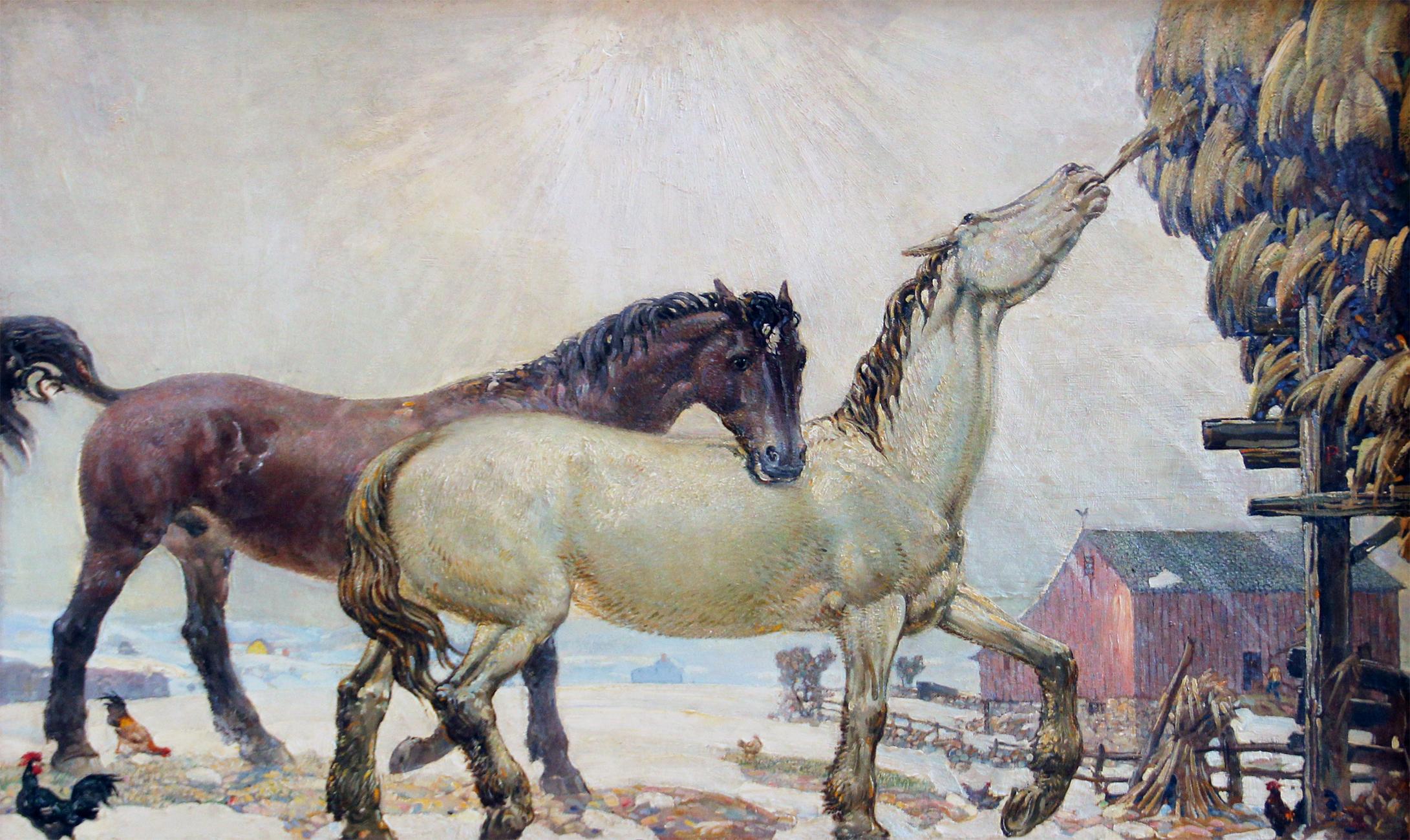 Paysage impressionniste américain, Chevaux nourris, Équitation, Huile sur Masonite - Painting de Joseph Thurman Pearson Jr.