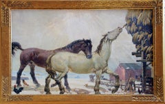 Horses Feeding, American Impressionist Landscape, Equestrian, Oil on Masonite