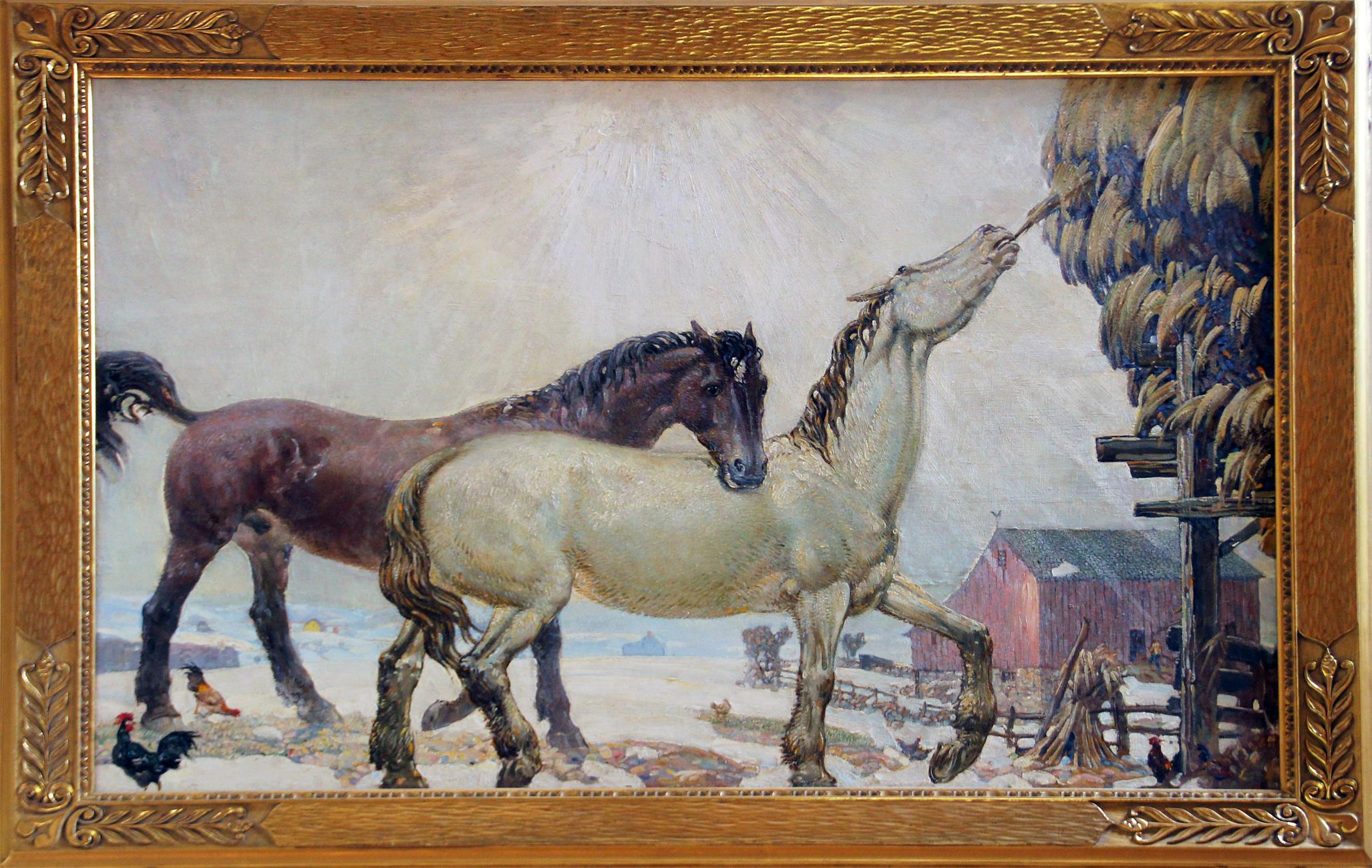 "Horses Feeding" is a 40 1/2" x 56 1/4" oil on masonite, equestrian painting by Joseph Thurman Pearson, Jr. It is signed "P" in the middle right with an estate signature stamp on verso. The painting comes from the estate of the artist. Additional