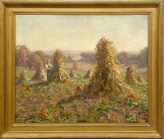 Precioso cuadro otoñal de los años 20 con calabazas y almiares, Joseph Tomanek