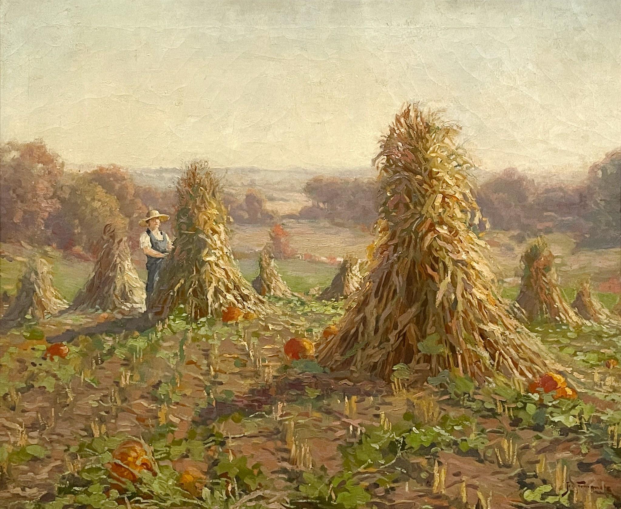 Precioso cuadro otoñal de los años 20 con calabazas, pajares y un granjero, obra del notable artista Joseph Tomanek.  El cuadro lleva su marco original.  Tamaño de la imagen:  25" x 30".  Tamaño enmarcado:  30 1/2" x 35 1/2".

Joseph Tomanek