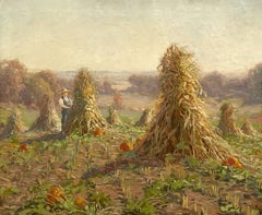 Beautiful 1920s Autumn Themed Painting with Pumpkins & Haystacks, Joseph Tomanek