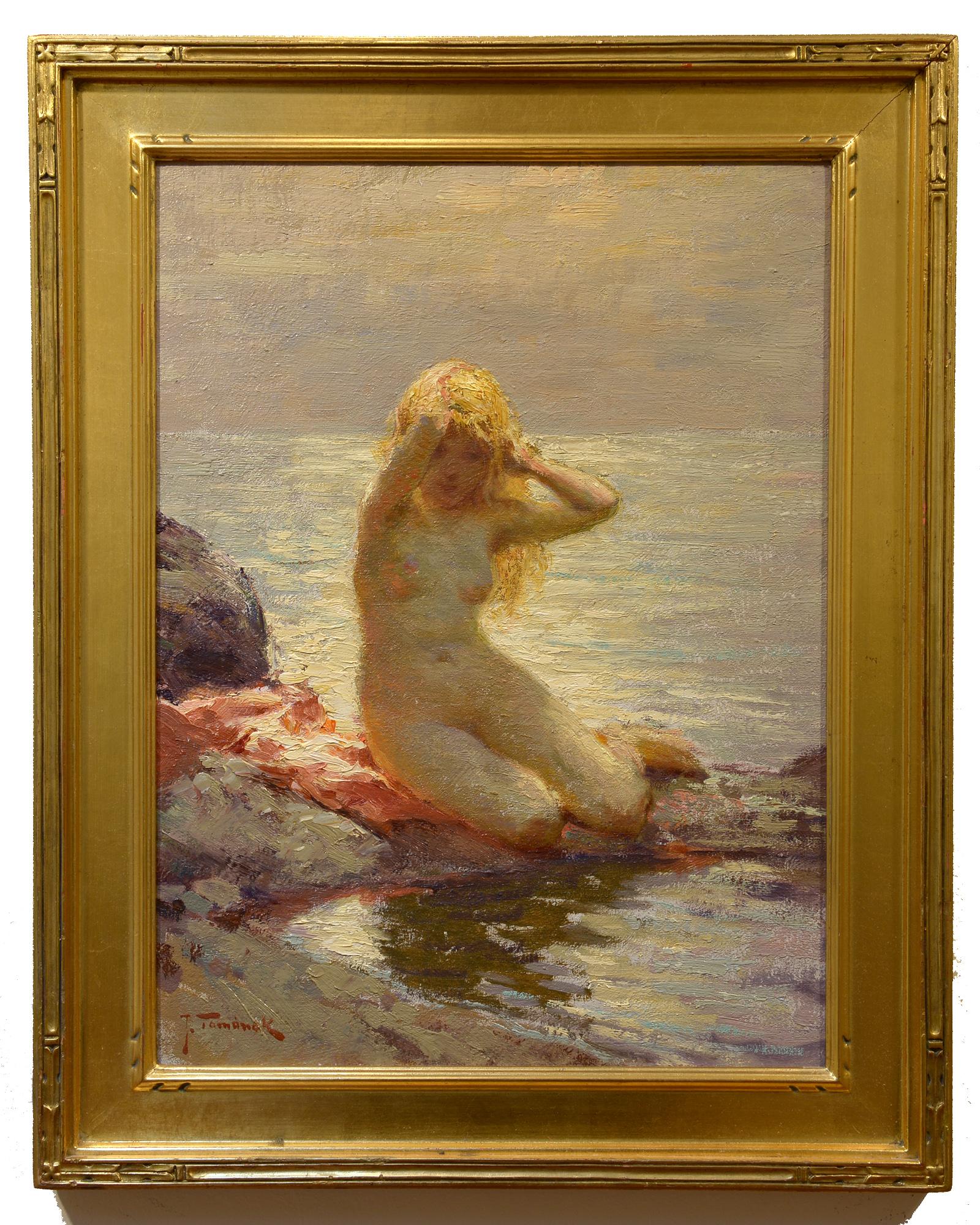 Nude by the Sea, Figure, Impressionist - Painting by Joseph Tomanek
