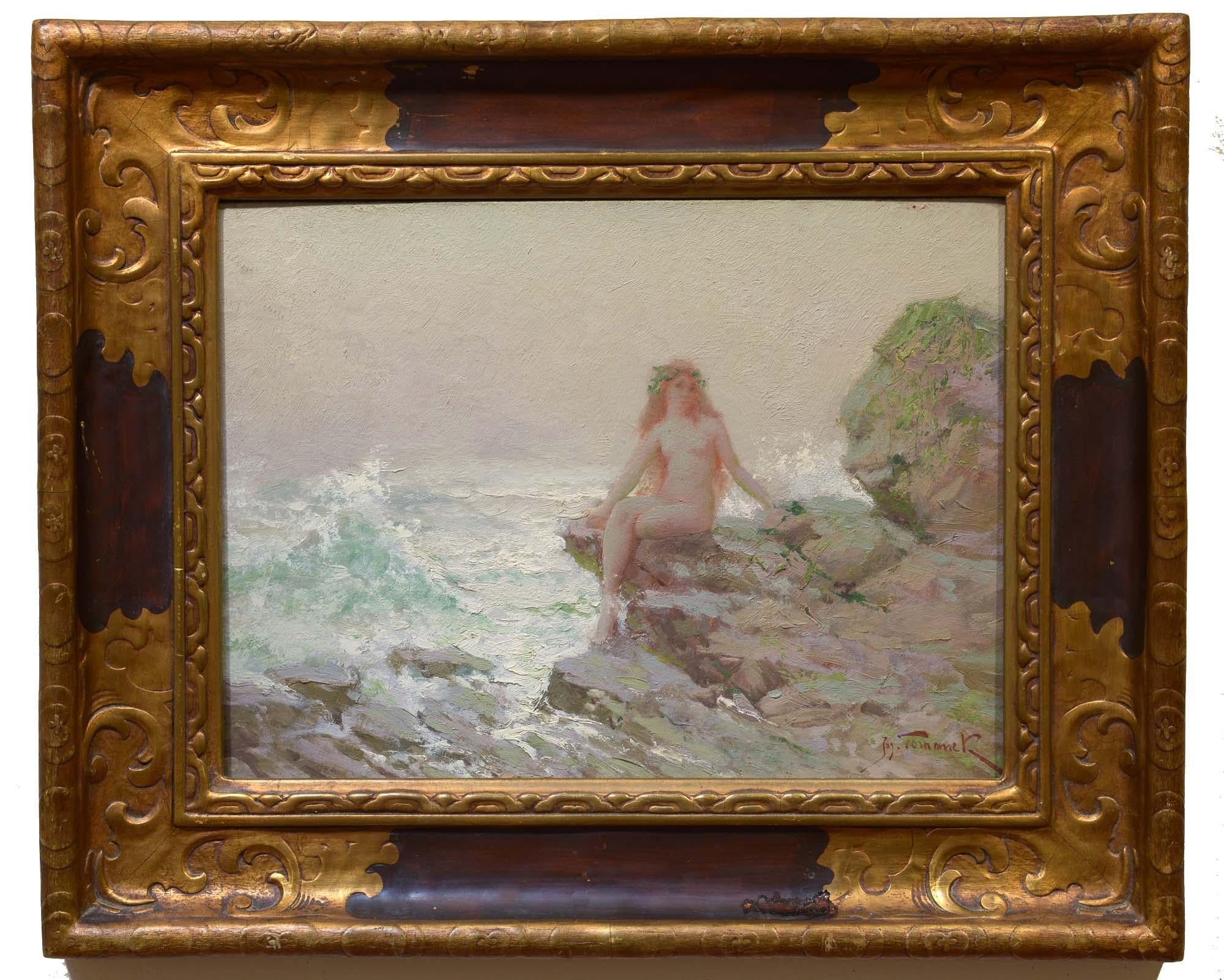 Sirena junto a la orilla, Americano, Impresionista, Desnudo, Figura, Paisaje, Orilla del mar - Painting de Joseph Tomanek