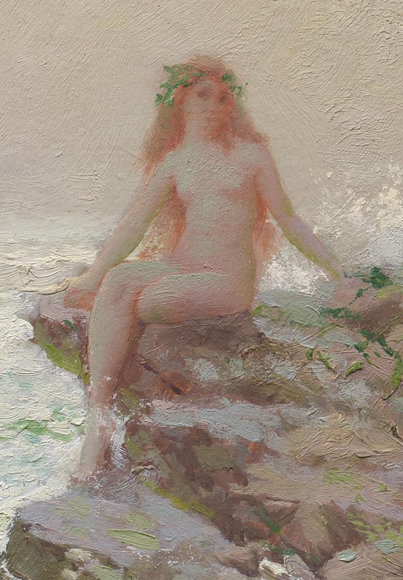 Sirena junto a la orilla, Americano, Impresionista, Desnudo, Figura, Paisaje, Orilla del mar - Nude Painting Marrón de Joseph Tomanek