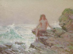 Siren by the Shore, American, Impressionist, Nude, Figure, Landscape, Seashore