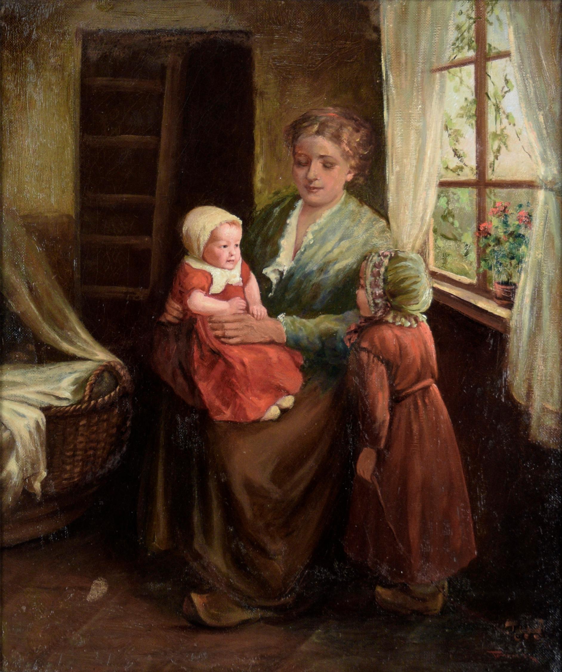 Frau mit zwei Kindern in Rot – Interieurszene im niederländischen Stil in Öl auf Leinwand – Painting von Joseph Tomanek