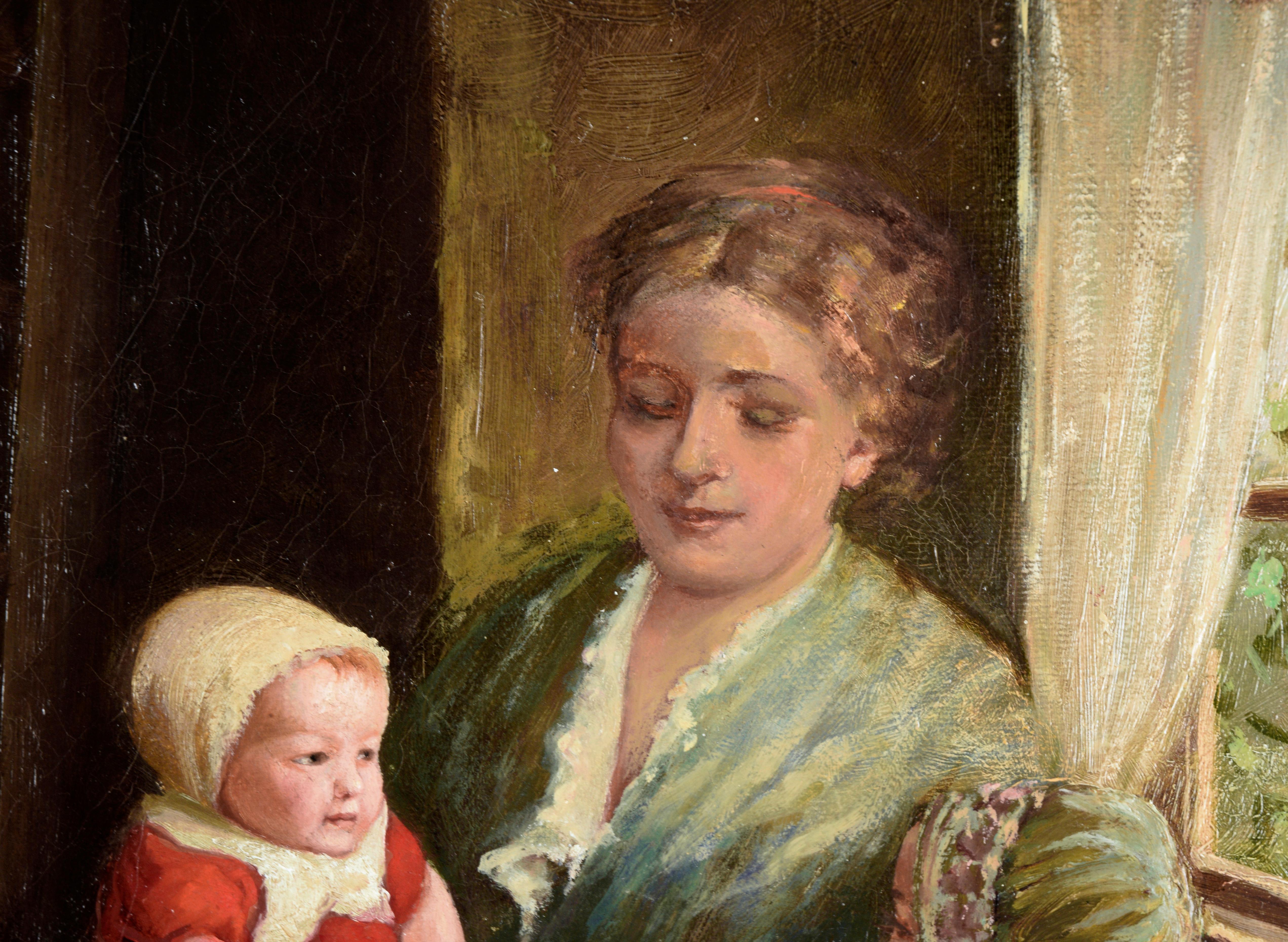 Frau mit zwei Kindern in Rot – Interieurszene im niederländischen Stil in Öl auf Leinwand (Romantik), Painting, von Joseph Tomanek