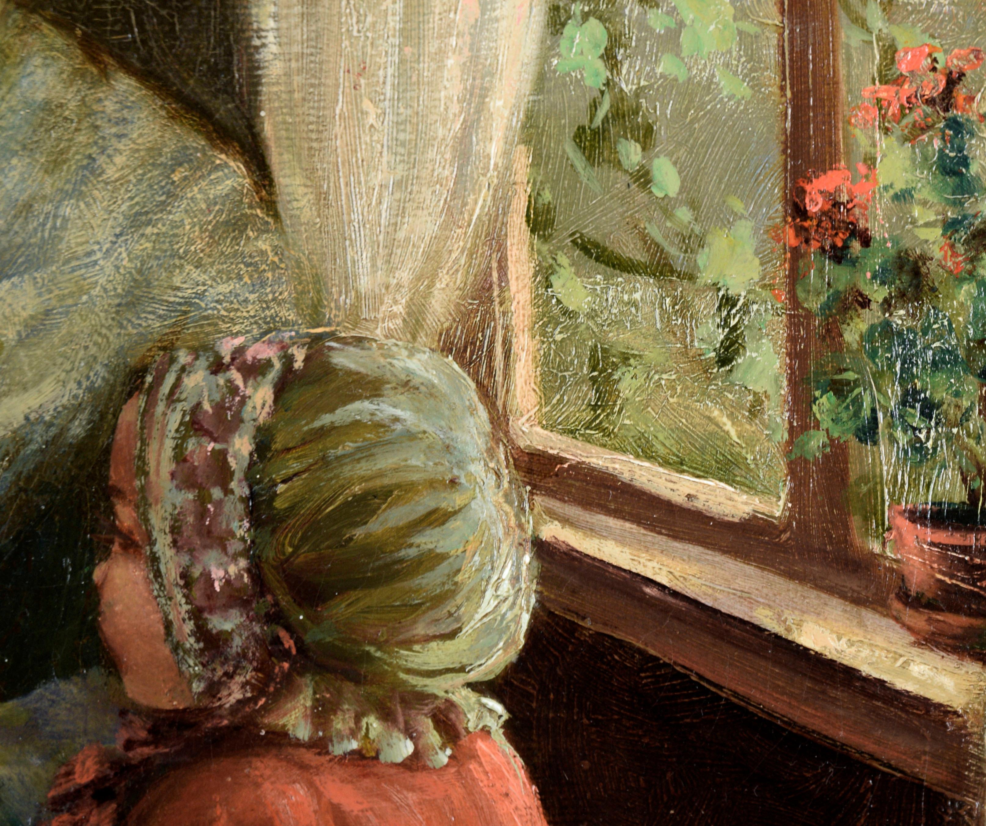 Frau mit zwei Kindern in Rot - Interieur-Szene in Öl auf Leinwand

Hübsche Innenraumszene des bedeutenden Künstlers Joseph Tomanek (Cech-Amerikaner, 1889-1974). Eine Frau sitzt in der Nähe eines Fensters und hält ein kleines, leuchtend rot