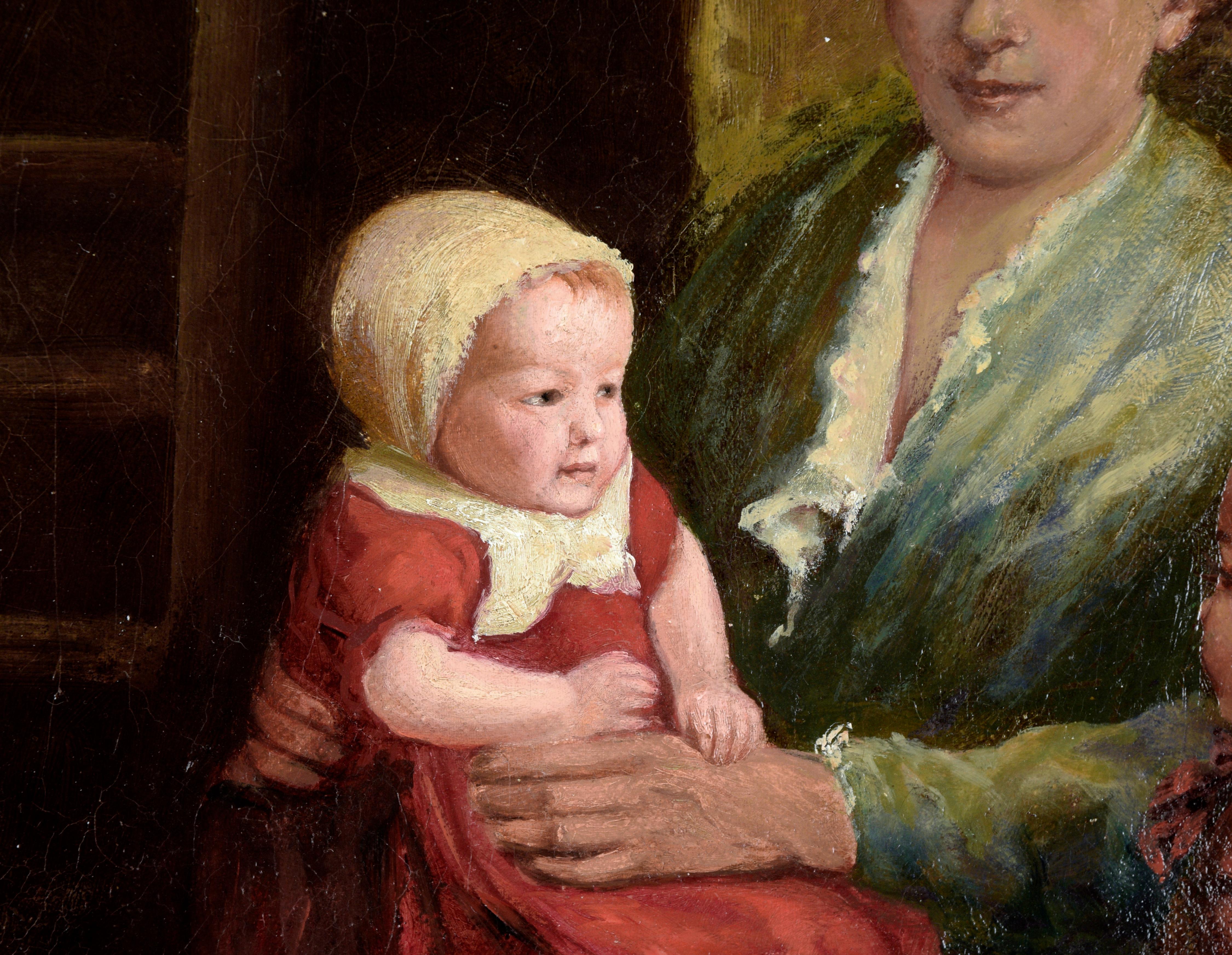 Frau mit zwei Kindern in Rot – Interieurszene im niederländischen Stil in Öl auf Leinwand im Angebot 1