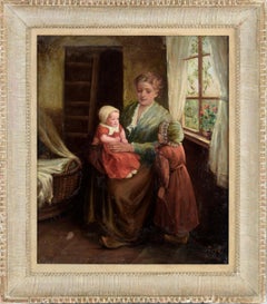 Woman with Two Children in Red - Dutch Style Interior Scene in Oil on Canvas