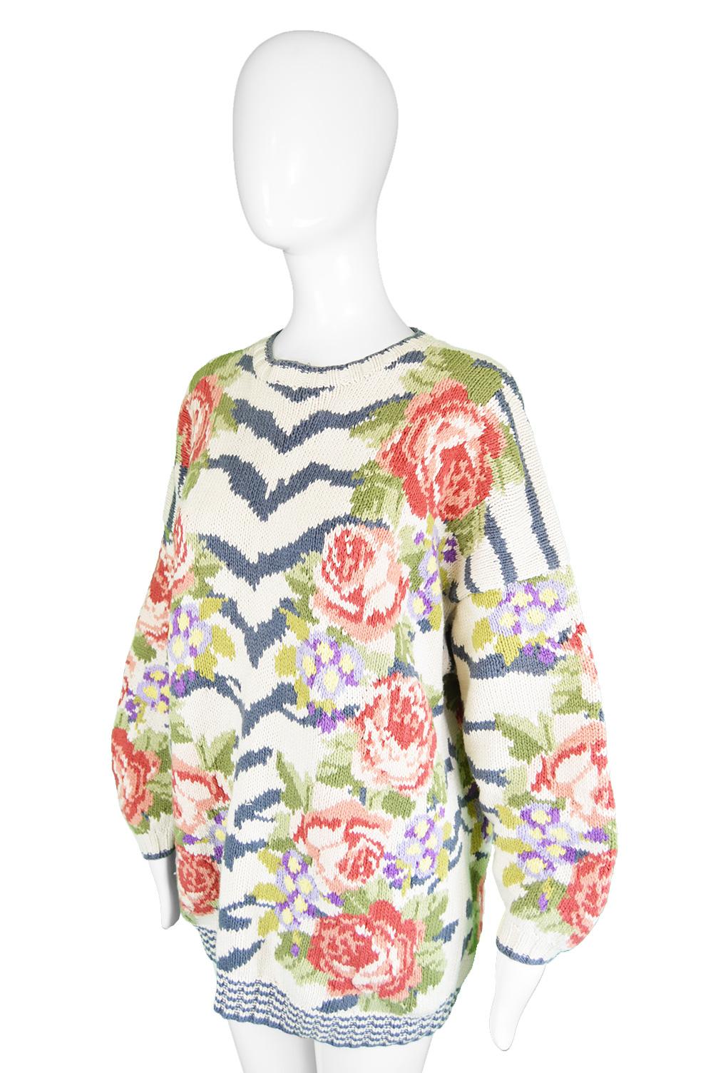 Beige Pull en coton tricot vintage imprimé rose tigre Joseph, années 1980 en vente