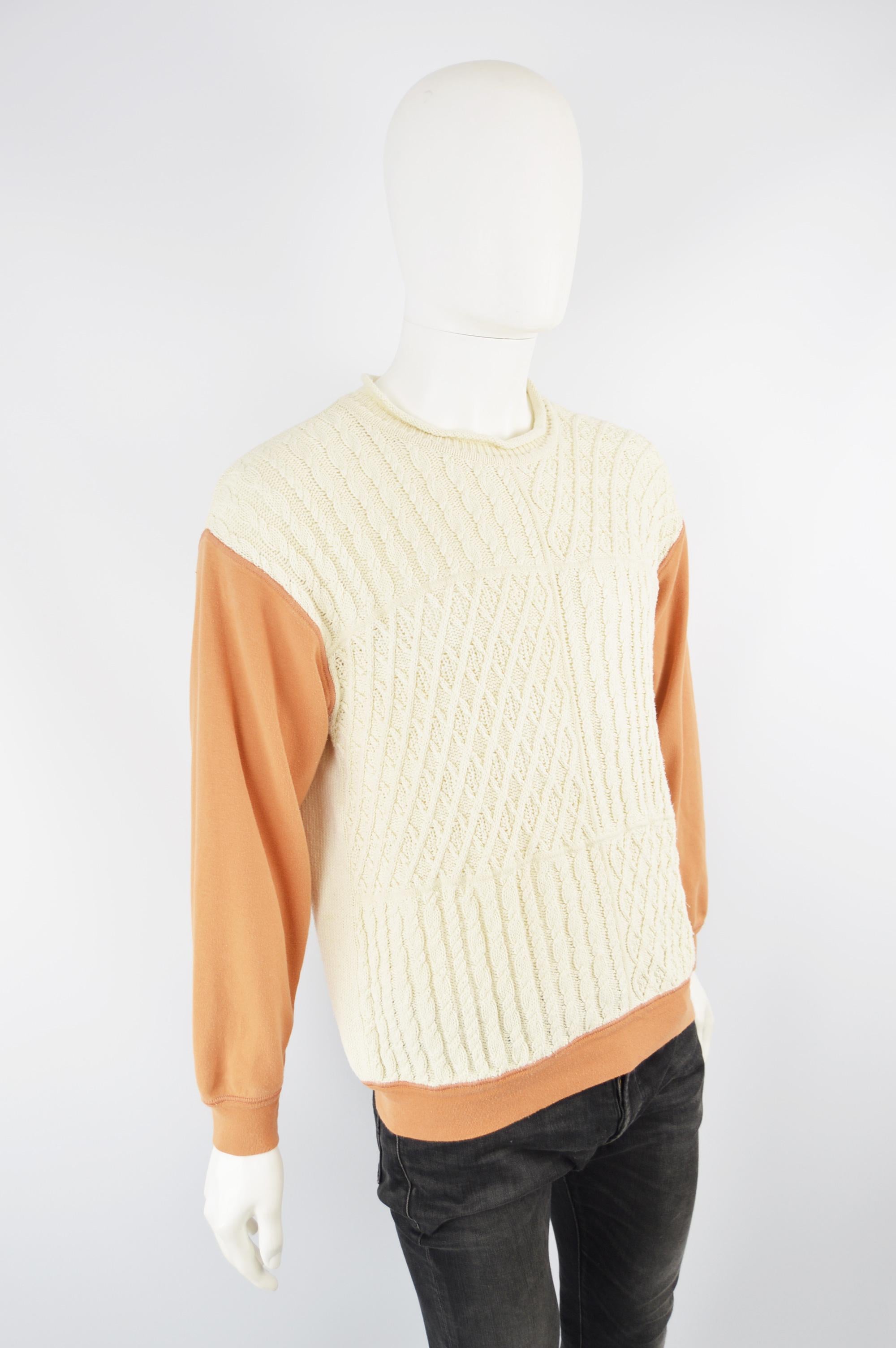 White Joseph Tricot Homme Men's Vintage Cable Knit & Orange Cotton Sweatshirt, 1990s For Sale