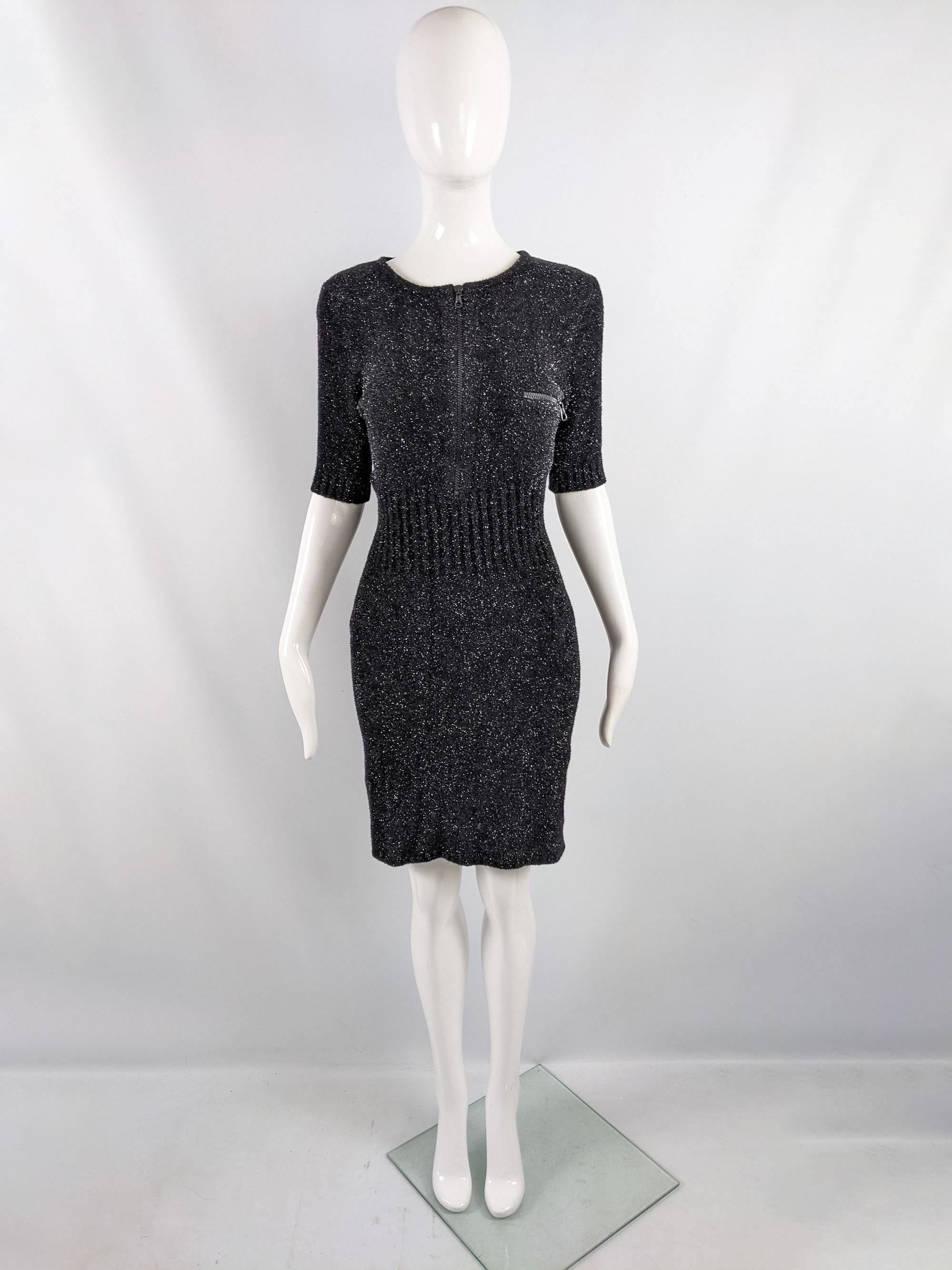 An amazing vintage womens short sleeve party dress from the late 90s / early 2000s by luxury British fashion house, Joseph for their iconic Tricot label. Italian made, in a black fluffy knit fabric with a glamorous metallic lurex thread adding