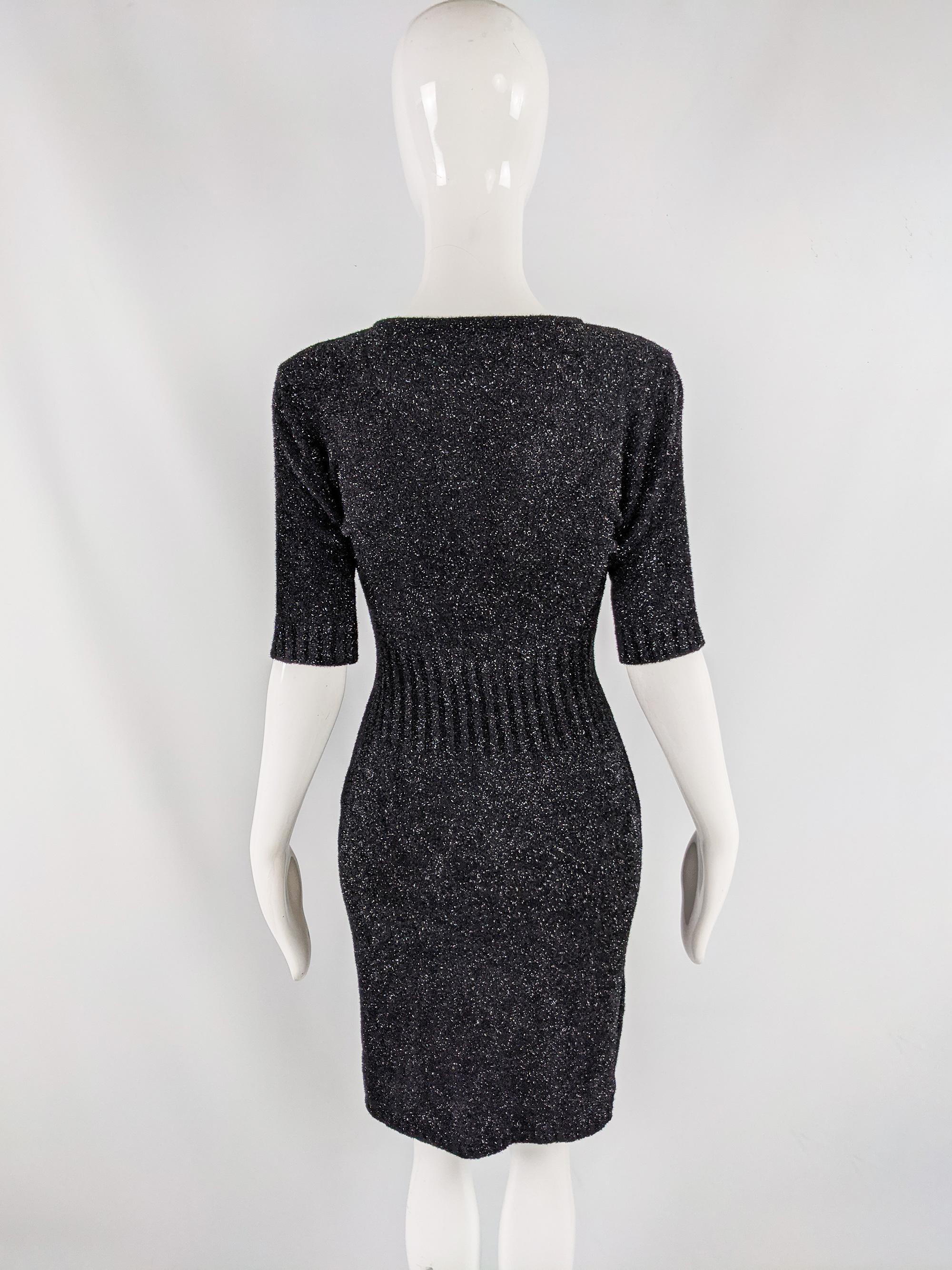 Women's Joseph Tricot Vintage Black & Silver Sparkly Lurex Fluffy Knit Dress, 1990s 