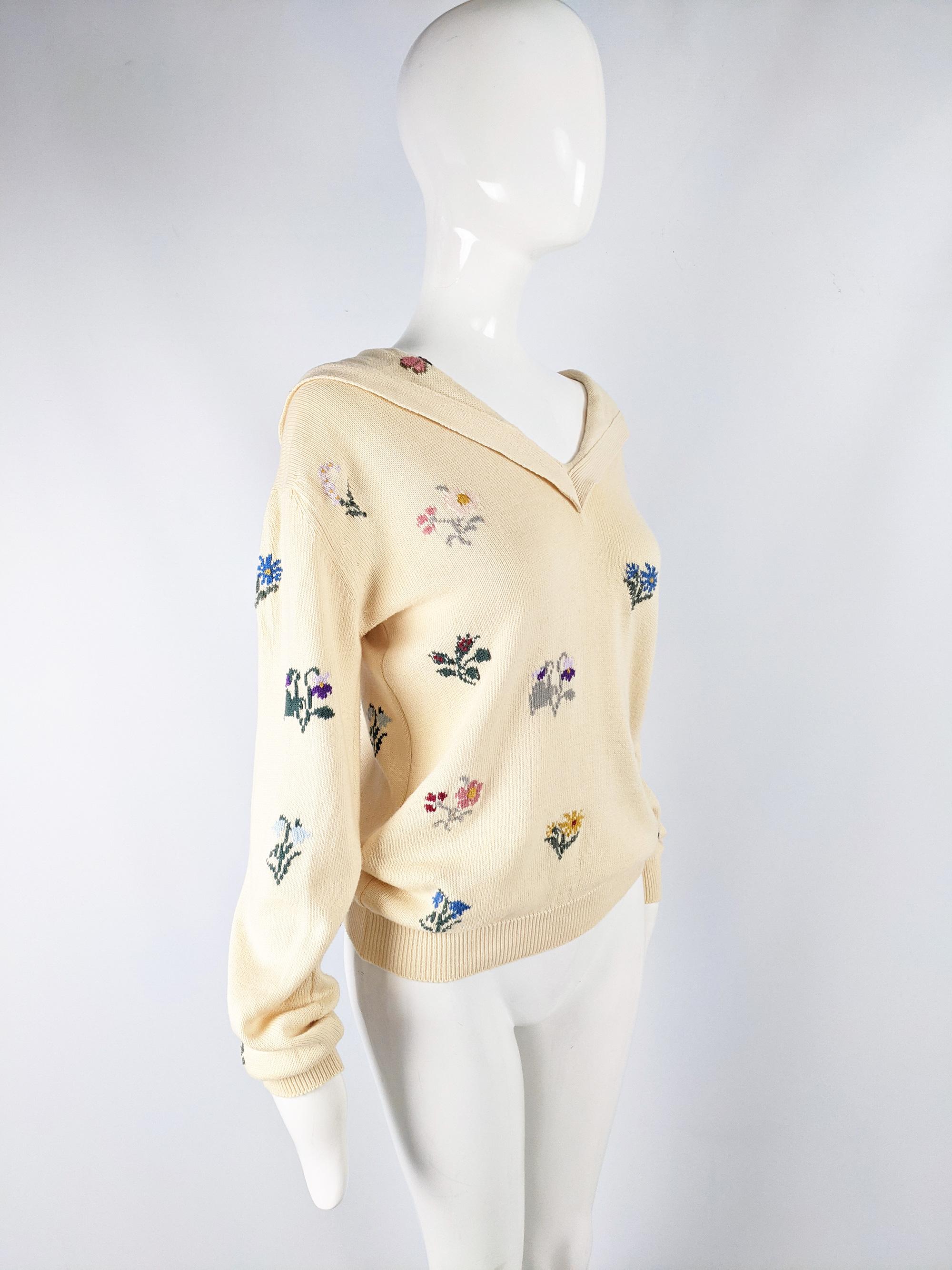 Beige Joseph Tricot Vintage Sailor Collar Butterfly Knit Sweater Top, 1980s