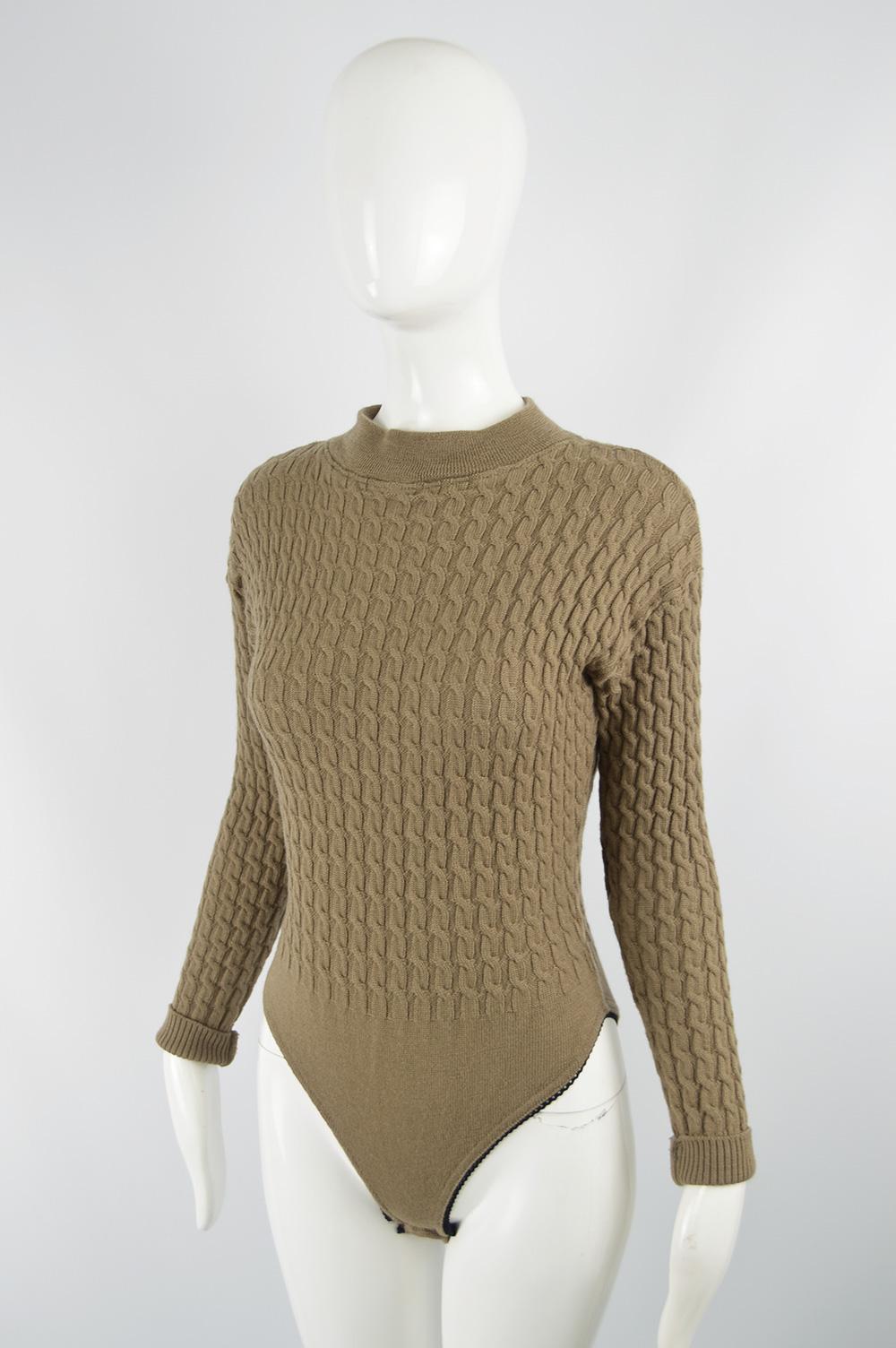 Joseph Tricot Vintage Women's Brown Wool Cable Knit Bodysuit Top, 1990s 1
