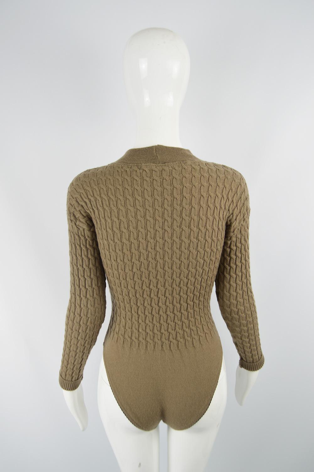Joseph Tricot Vintage Women's Brown Wool Cable Knit Bodysuit Top, 1990s 3