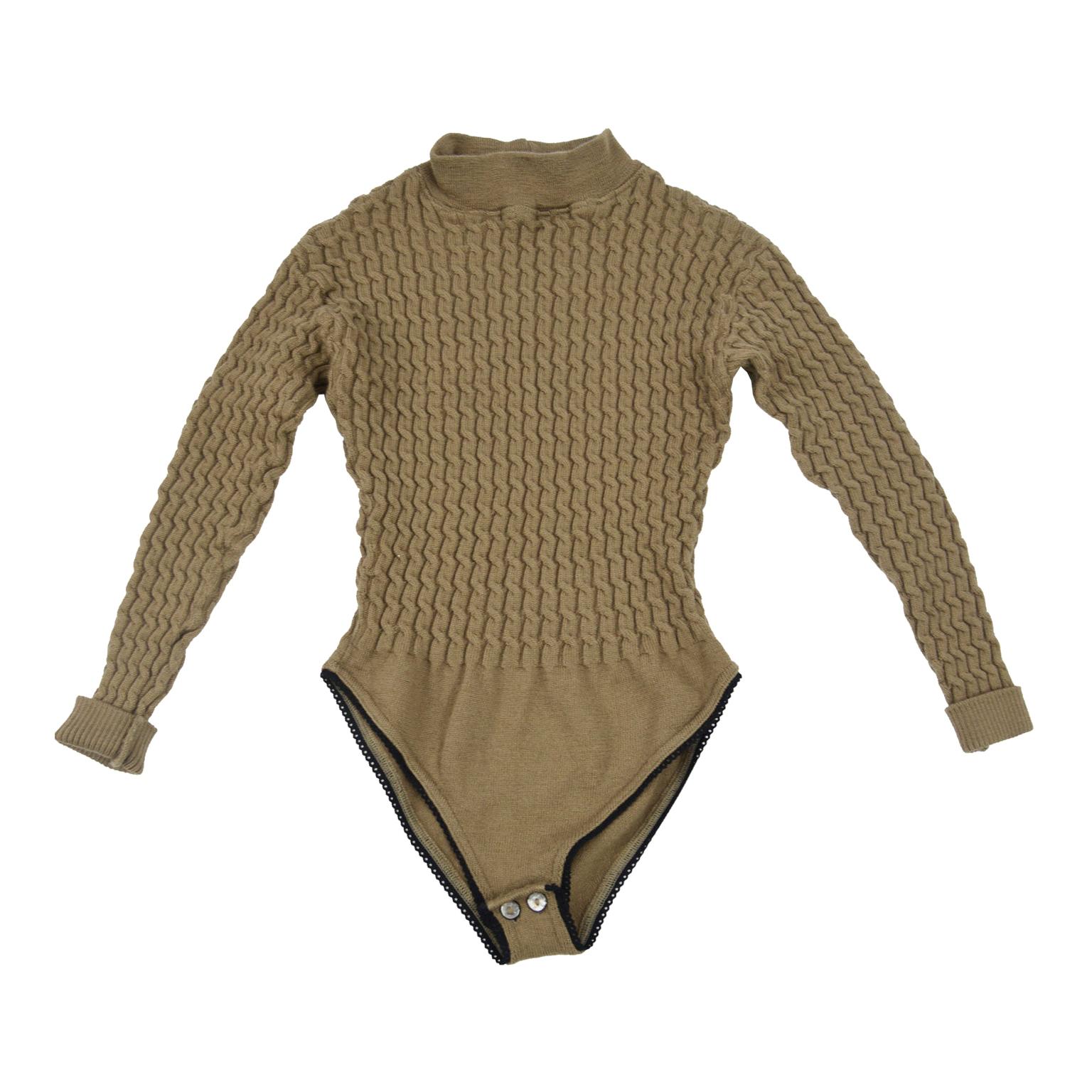 Joseph Tricot Vintage Women's Brown Wool Cable Knit Bodysuit Top, 1990s