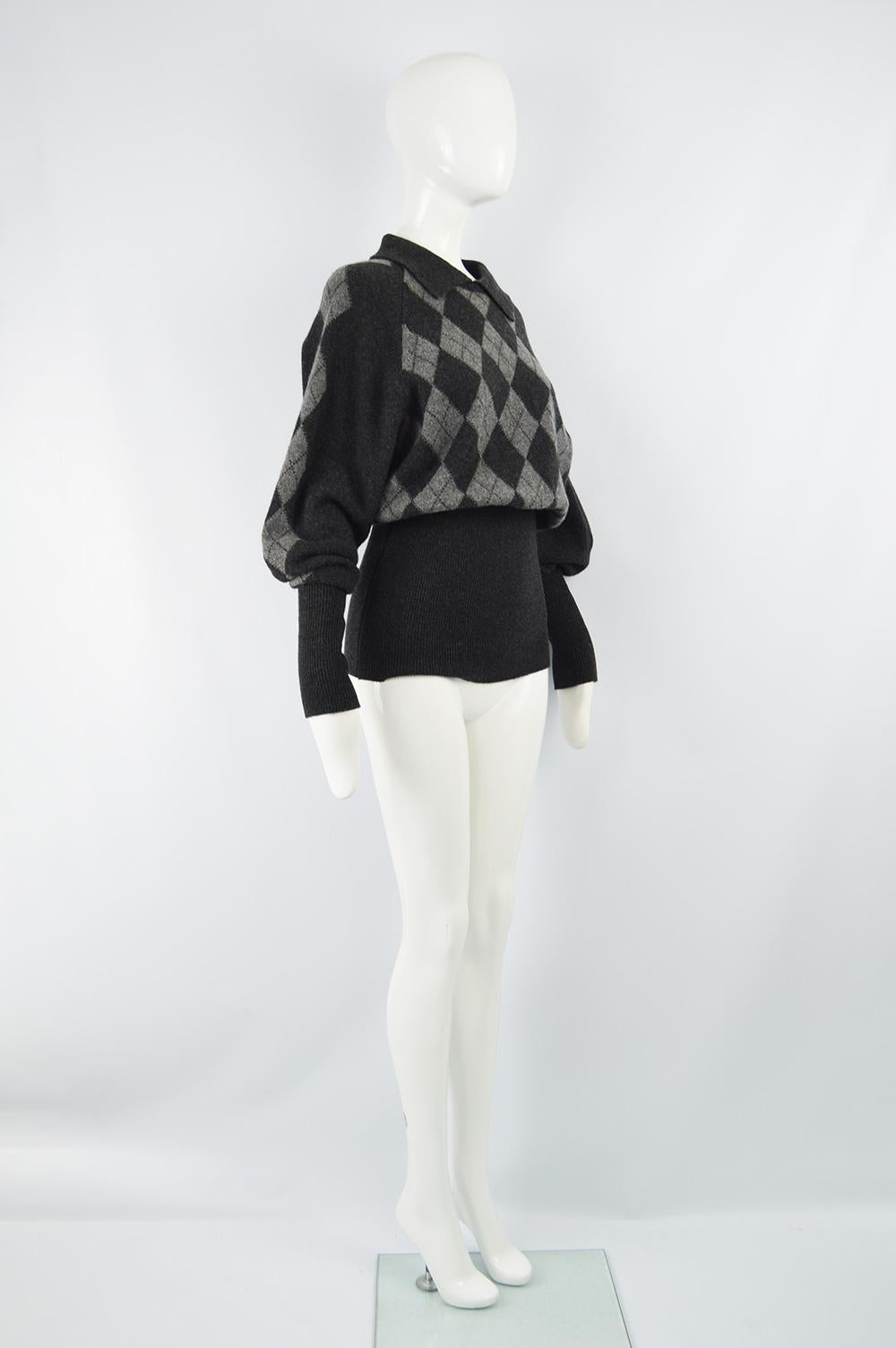 Black Joseph Tricot Vintage Women's Pure Wool Argyle Pattern Balloon Sleeve Sweater M 